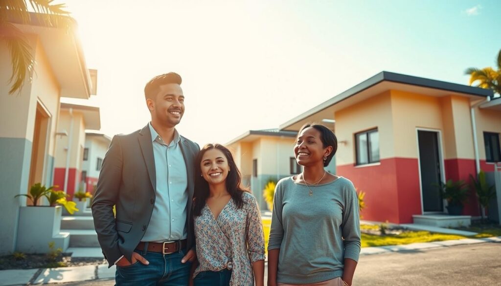 A vibrant urban scene depicting the essence of the "Minha Casa Minha Vida" program in Maringá. In the foreground, a friendly family stands together, dressed in smart but modest casual attire, looking hopeful and engaged in conversation. The middle ground features newly constructed, modest homes showcasing a blend of modern architecture and community spirit, with colorful paint and plants. In the background, a sunny sky casts warm light over the scene, enhancing the inviting atmosphere. Capture a wide-angle view to encompass both the homes and the family, providing a sense of community and opportunity. Ensure the image feels uplifting and optimistic, highlighting the program's vision for accessible housing. A vibrant urban scene depicting the essence of the "Minha Casa Minha Vida" program in Maringá. In the foreground, a friendly family stands together, dressed in smart but modest casual attire, looking hopeful and engaged in conversation. The middle ground features newly constructed, modest homes showcasing a blend of modern architecture and community spirit, with colorful paint and plants. In the background, a sunny sky casts warm light over the scene, enhancing the inviting atmosphere. Capture a wide-angle view to encompass both the homes and the family, providing a sense of community and opportunity. Ensure the image feels uplifting and optimistic, highlighting the program's vision for accessible housing.