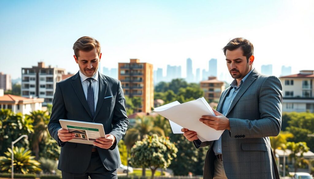 A vibrant urban scene in Paraná showcasing the real estate landscape. In the foreground, two well-dressed individuals depict a professional interaction, one showing a property listing on a tablet, while the other examines documents with a concerned expression. In the middle ground, various residential buildings reflect different architectural styles, emphasizing the variety in the housing market. A sense of caution lingers in the air, enhanced by subtle shadow play from overhead sunlight creating an atmosphere of vigilance. In the background, the outlines of lush greenery and the Paraná skyline fade into a clear blue sky, symbolizing hope and opportunity amidst financial caution. The composition is framed at eye level to create an engaging narrative, highlighting the duality of aspiration and alertness in the real estate sector. A vibrant urban scene in Paraná showcasing the real estate landscape. In the foreground, two well-dressed individuals depict a professional interaction, one showing a property listing on a tablet, while the other examines documents with a concerned expression. In the middle ground, various residential buildings reflect different architectural styles, emphasizing the variety in the housing market. A sense of caution lingers in the air, enhanced by subtle shadow play from overhead sunlight creating an atmosphere of vigilance. In the background, the outlines of lush greenery and the Paraná skyline fade into a clear blue sky, symbolizing hope and opportunity amidst financial caution. The composition is framed at eye level to create an engaging narrative, highlighting the duality of aspiration and alertness in the real estate sector.