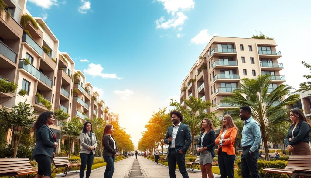 A vibrant urban scene showcasing a modern housing complex, representing "Cohapar programas habitacionais" in Paraná. In the foreground, a group of diverse young adults in professional business attire, engaged in a discussion, symbolizes collaboration and opportunity. They stand in front of contemporary, eco-friendly buildings, adorned with greenery and open spaces. In the middle ground, a pathway lined with lush trees and benches invites community interaction. The background features a bright, sunny sky, with subtle clouds, conveying a hopeful and optimistic atmosphere. The lighting should be warm and inviting, emphasizing the idea of home and community. The angle should be slightly elevated, providing a panoramic view of the setting, enhancing the feeling of inclusion and opportunity inherent to cohabitation programs. A vibrant urban scene showcasing a modern housing complex, representing "Cohapar programas habitacionais" in Paraná. In the foreground, a group of diverse young adults in professional business attire, engaged in a discussion, symbolizes collaboration and opportunity. They stand in front of contemporary, eco-friendly buildings, adorned with greenery and open spaces. In the middle ground, a pathway lined with lush trees and benches invites community interaction. The background features a bright, sunny sky, with subtle clouds, conveying a hopeful and optimistic atmosphere. The lighting should be warm and inviting, emphasizing the idea of home and community. The angle should be slightly elevated, providing a panoramic view of the setting, enhancing the feeling of inclusion and opportunity inherent to cohabitation programs.
