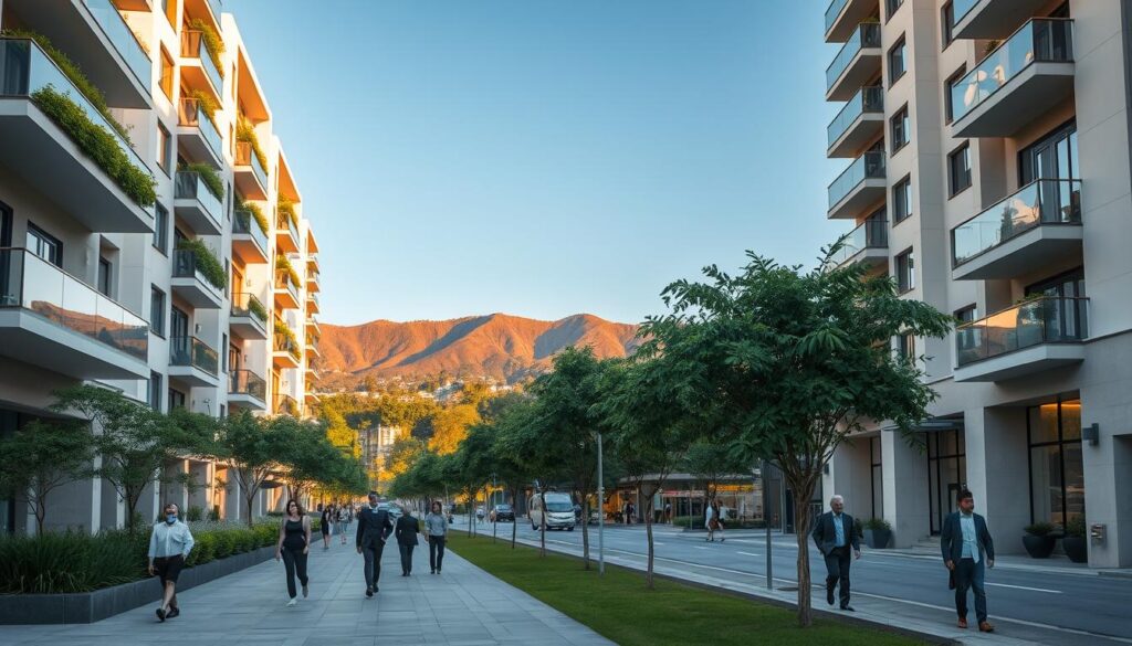 A vibrant urban scene showcasing modern apartments for sale in Zona Sul, Maringá. In the foreground, elegant buildings with contemporary architecture and large balconies full of greenery. The middle ground features well-maintained sidewalks with pedestrians casually walking, some dressed in professional business attire. Lush trees provide shade along the street, enhancing the inviting atmosphere. In the background, soft hills outline the skyline against a clear blue sky at golden hour, casting a warm glow over the scene. The composition captures a sense of community and growth, with bright natural light illuminating the details. The image should evoke feelings of opportunity and urban lifestyle, perfect for those considering the real estate market in this thriving area. A vibrant urban scene showcasing modern apartments for sale in Zona Sul, Maringá. In the foreground, elegant buildings with contemporary architecture and large balconies full of greenery. The middle ground features well-maintained sidewalks with pedestrians casually walking, some dressed in professional business attire. Lush trees provide shade along the street, enhancing the inviting atmosphere. In the background, soft hills outline the skyline against a clear blue sky at golden hour, casting a warm glow over the scene. The composition captures a sense of community and growth, with bright natural light illuminating the details. The image should evoke feelings of opportunity and urban lifestyle, perfect for those considering the real estate market in this thriving area.