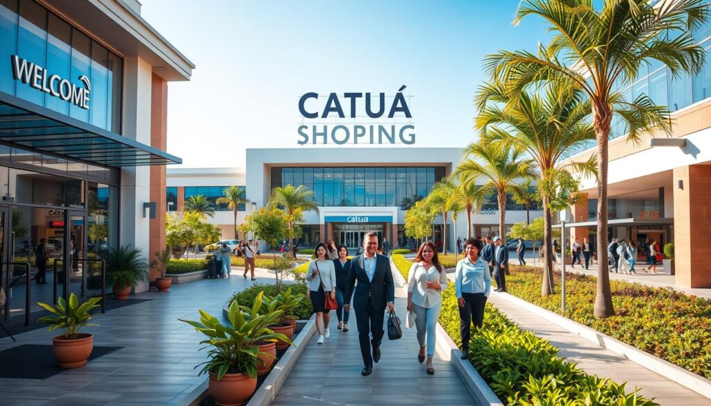A vibrant view of Catuaí Shopping, showcasing its modern architecture and welcoming facade, surrounded by beautifully landscaped gardens and pathways filled with lush greenery. In the foreground, an elegantly designed entrance with glass doors, and potted plants welcoming visitors. The middle ground features shoppers of diverse backgrounds casually strolling, dressed in professional business attire and modest casual clothing, enhancing the shopping experience. The background displays the shopping center's impressive signage against a bright blue sky. Afternoon sunlight casts warm, inviting shadows, creating a lively and energetic atmosphere. Capture this in a slightly elevated angle, providing a comprehensive view of both the shopping center and its surrounding infrastructure, highlighting the attractiveness of living nearby. A vibrant view of Catuaí Shopping, showcasing its modern architecture and welcoming facade, surrounded by beautifully landscaped gardens and pathways filled with lush greenery. In the foreground, an elegantly designed entrance with glass doors, and potted plants welcoming visitors. The middle ground features shoppers of diverse backgrounds casually strolling, dressed in professional business attire and modest casual clothing, enhancing the shopping experience. The background displays the shopping center's impressive signage against a bright blue sky. Afternoon sunlight casts warm, inviting shadows, creating a lively and energetic atmosphere. Capture this in a slightly elevated angle, providing a comprehensive view of both the shopping center and its surrounding infrastructure, highlighting the attractiveness of living nearby.