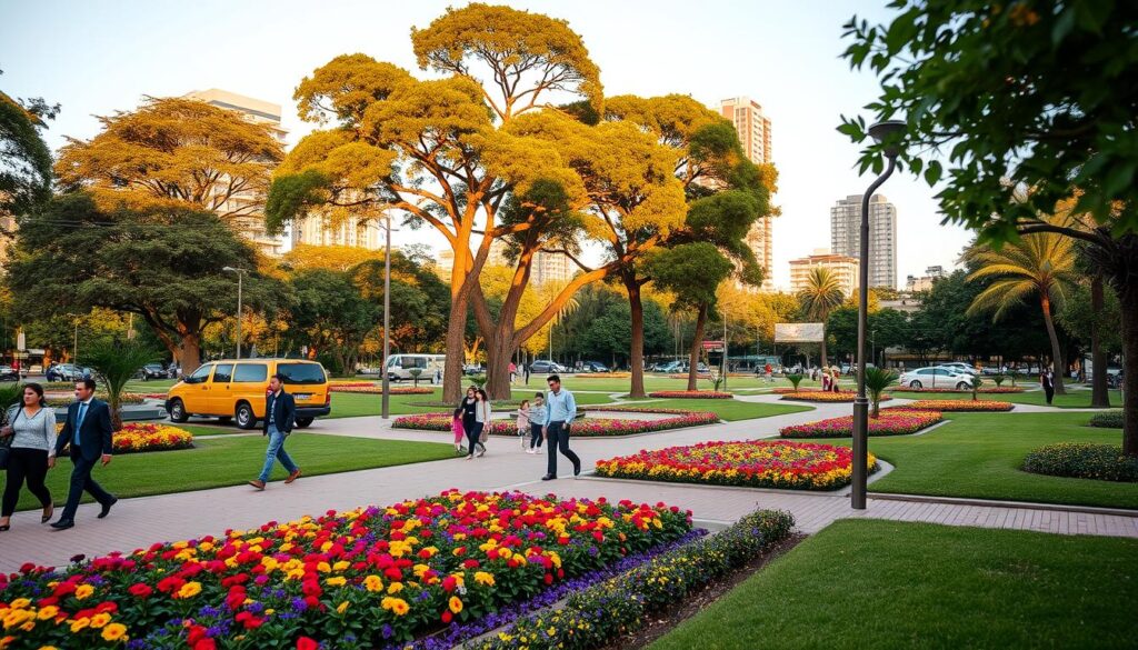 A vibrant view of Parque Gávea, showcasing its lush greenery and well-maintained pathways. In the foreground, include a visually appealing arrangement of colorful flowerbeds with people walking, dressed in professional business attire. The middle section should feature families enjoying leisurely activities, such as picnicking or playing in the park, surrounded by tall, leafy trees providing shade. In the background, capture the distinctive skyline of Avenida Guedner, with modern apartment buildings reflecting real estate development. Use warm, golden hour lighting to create a welcoming atmosphere, with soft shadows and a depth of field that highlights the park's inviting nature. Ensure a clear view of the surrounding neighborhood to illustrate the context of Avenida Guedner. A vibrant view of Parque Gávea, showcasing its lush greenery and well-maintained pathways. In the foreground, include a visually appealing arrangement of colorful flowerbeds with people walking, dressed in professional business attire. The middle section should feature families enjoying leisurely activities, such as picnicking or playing in the park, surrounded by tall, leafy trees providing shade. In the background, capture the distinctive skyline of Avenida Guedner, with modern apartment buildings reflecting real estate development. Use warm, golden hour lighting to create a welcoming atmosphere, with soft shadows and a depth of field that highlights the park's inviting nature. Ensure a clear view of the surrounding neighborhood to illustrate the context of Avenida Guedner.
