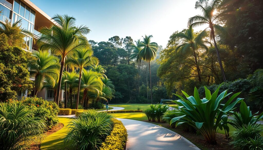 A vibrant view of Parque do Ingá in Maringá, showcasing the lush greenery and tranquil atmosphere typical of the park. In the foreground, include a well-maintained walking path lined with tropical plants and trees, suggesting a leisurely stroll. In the middle ground, depict modern residential buildings facing the park, characterized by large glass windows reflecting the natural surroundings. The background should feature a dense forest with tall trees, capturing the essence of nature. Use soft, golden sunlight filtering through the leaves to create a warm and inviting mood. Maintain a wide-angle perspective to emphasize the contrast between the buildings and the lush park, ensuring a harmonious balance between urban living and natural beauty. A vibrant view of Parque do Ingá in Maringá, showcasing the lush greenery and tranquil atmosphere typical of the park. In the foreground, include a well-maintained walking path lined with tropical plants and trees, suggesting a leisurely stroll. In the middle ground, depict modern residential buildings facing the park, characterized by large glass windows reflecting the natural surroundings. The background should feature a dense forest with tall trees, capturing the essence of nature. Use soft, golden sunlight filtering through the leaves to create a warm and inviting mood. Maintain a wide-angle perspective to emphasize the contrast between the buildings and the lush park, ensuring a harmonious balance between urban living and natural beauty.