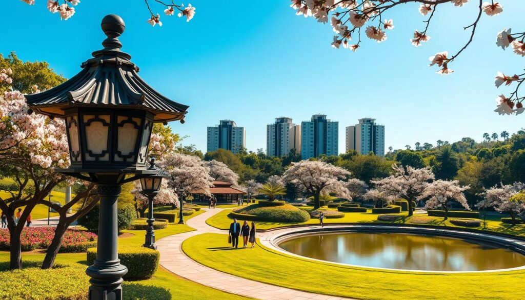 A vibrant view of Parque do Japão in Maringá, Brazil, showcasing its lush greenery and tranquil atmosphere. In the foreground, intricately designed traditional Japanese lanterns and manicured gardens, featuring cherry blossom trees in full bloom. The middle ground reveals serene walking paths and a picturesque pond reflecting the blue sky, with people dressed in professional business attire strolling leisurely. In the background, subtle modern residential buildings stand harmoniously with nature, conveying a sense of urban growth. The scene is illuminated by soft, golden sunlight, creating a warm and inviting mood. Shot with a wide-angle lens to capture the expansive beauty of the park and its surroundings, evoking a sense of harmony between nature and modern living. A vibrant view of Parque do Japão in Maringá, Brazil, showcasing its lush greenery and tranquil atmosphere. In the foreground, intricately designed traditional Japanese lanterns and manicured gardens, featuring cherry blossom trees in full bloom. The middle ground reveals serene walking paths and a picturesque pond reflecting the blue sky, with people dressed in professional business attire strolling leisurely. In the background, subtle modern residential buildings stand harmoniously with nature, conveying a sense of urban growth. The scene is illuminated by soft, golden sunlight, creating a warm and inviting mood. Shot with a wide-angle lens to capture the expansive beauty of the park and its surroundings, evoking a sense of harmony between nature and modern living.