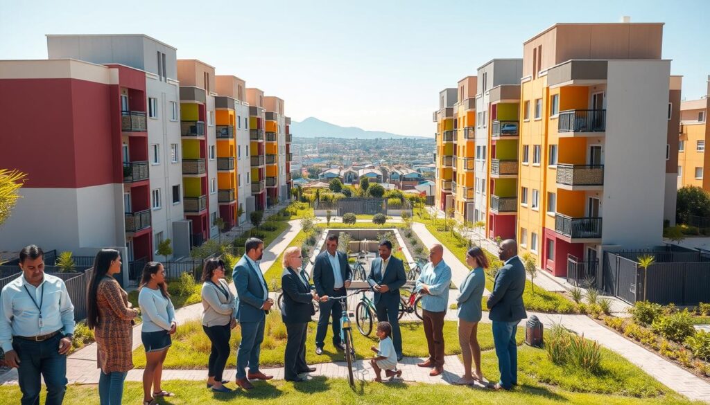 A vibrant view of a modern housing complex representing the "Minha Casa Minha Vida" program, showcasing well-designed, colorful apartment buildings in a sunny neighborhood. In the foreground, a diverse group of people of various ages and ethnicities, dressed in professional business attire and modest casual clothing, engage in conversation about homeownership. In the middle, landscaped gardens and pathways connect the buildings, with bicycles parked neatly and children playing nearby. The background features a clear blue sky and distant cityscape to represent urban development. The lighting is warm and inviting, creating a hopeful and optimistic atmosphere. The angle captures a slightly elevated perspective, emphasizing community and togetherness. A vibrant view of a modern housing complex representing the "Minha Casa Minha Vida" program, showcasing well-designed, colorful apartment buildings in a sunny neighborhood. In the foreground, a diverse group of people of various ages and ethnicities, dressed in professional business attire and modest casual clothing, engage in conversation about homeownership. In the middle, landscaped gardens and pathways connect the buildings, with bicycles parked neatly and children playing nearby. The background features a clear blue sky and distant cityscape to represent urban development. The lighting is warm and inviting, creating a hopeful and optimistic atmosphere. The angle captures a slightly elevated perspective, emphasizing community and togetherness.