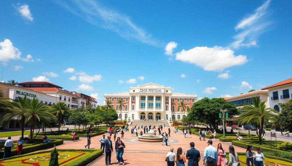 A vibrant view of the "Centro Cívico" in Maringá, showcasing the elegant Paço Municipal building surrounded by manicured gardens. In the foreground, a well-maintained plaza bustling with individuals dressed in business attire and casual clothing, engaging in conversation. In the middle ground, the impressive architecture of the Paço Municipal stands tall, characterized by its modern design and distinct colors. The background features clear blue skies with soft, white clouds, creating a warm, inviting atmosphere. The scene is bathed in natural daylight, capturing the lively spirit of the area. The angle is slightly elevated, providing a comprehensive view of the civic center and its surrounding community spaces, emphasizing a sense of connection and urban vibrancy. A vibrant view of the "Centro Cívico" in Maringá, showcasing the elegant Paço Municipal building surrounded by manicured gardens. In the foreground, a well-maintained plaza bustling with individuals dressed in business attire and casual clothing, engaging in conversation. In the middle ground, the impressive architecture of the Paço Municipal stands tall, characterized by its modern design and distinct colors. The background features clear blue skies with soft, white clouds, creating a warm, inviting atmosphere. The scene is bathed in natural daylight, capturing the lively spirit of the area. The angle is slightly elevated, providing a comprehensive view of the civic center and its surrounding community spaces, emphasizing a sense of connection and urban vibrancy.