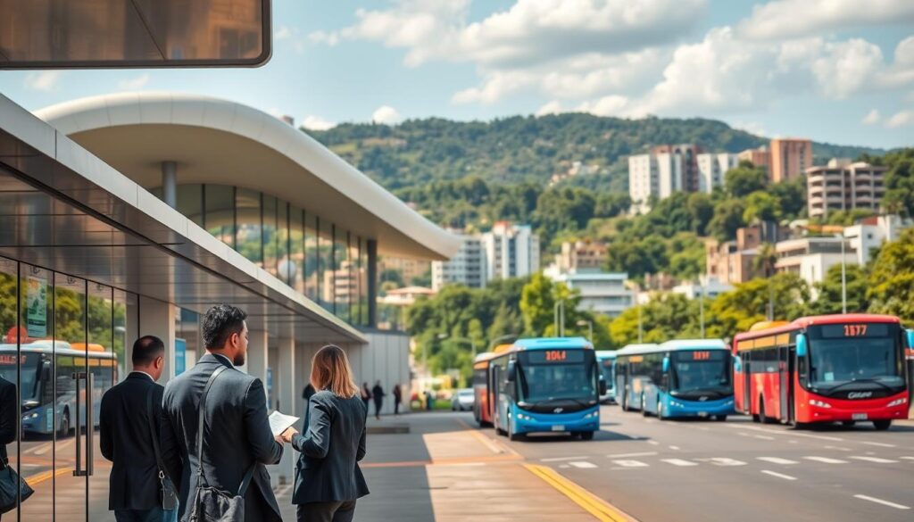 A vibrant view of the Terminal Rodoviário de Maringá, showcasing its modern architecture and bustling atmosphere. In the foreground, include a few people in professional business attire waiting at the bus stop and consulting their schedules. The middle ground features the terminal building with large glass windows reflecting the sunlight, while various buses line up to pick up passengers. In the background, lush greenery and urban buildings add context to the environment. The scene is illuminated by warm, natural light, suggesting a sunny day, and captured from a slightly elevated angle to emphasize the activity and importance of the terminal. The mood is friendly and inviting, highlighting this essential transportation hub. A vibrant view of the Terminal Rodoviário de Maringá, showcasing its modern architecture and bustling atmosphere. In the foreground, include a few people in professional business attire waiting at the bus stop and consulting their schedules. The middle ground features the terminal building with large glass windows reflecting the sunlight, while various buses line up to pick up passengers. In the background, lush greenery and urban buildings add context to the environment. The scene is illuminated by warm, natural light, suggesting a sunny day, and captured from a slightly elevated angle to emphasize the activity and importance of the terminal. The mood is friendly and inviting, highlighting this essential transportation hub.