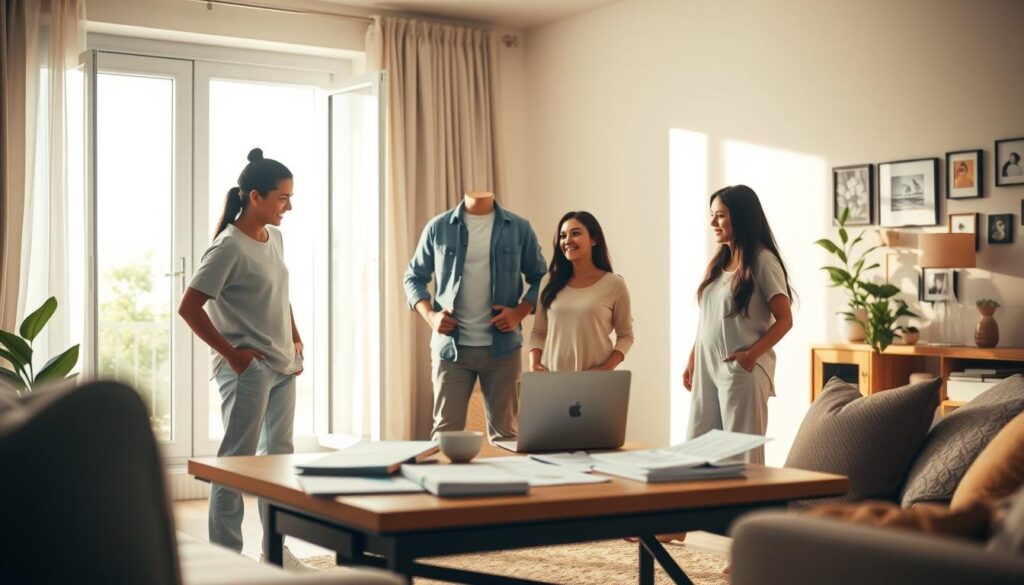 A visual metaphor for "renda bruta familiar," featuring a diverse family standing together in a modern living room setting. In the foreground, a father, mother, and two children are engaged in a discussion around a coffee table filled with papers and a laptop illustrating financial planning. The middle layer showcases an open window with natural sunlight streaming in, casting soft shadows and creating a warm, inviting atmosphere. The background displays a cozy home with a plant and family photos on the walls, symbolizing stability and comfort. The mood is optimistic and hopeful, emphasizing community and family values. Use soft, bright lighting to enhance the welcoming feel, with a slightly elevated angle to capture the family dynamic and the spatial arrangement of the room. A visual metaphor for "renda bruta familiar," featuring a diverse family standing together in a modern living room setting. In the foreground, a father, mother, and two children are engaged in a discussion around a coffee table filled with papers and a laptop illustrating financial planning. The middle layer showcases an open window with natural sunlight streaming in, casting soft shadows and creating a warm, inviting atmosphere. The background displays a cozy home with a plant and family photos on the walls, symbolizing stability and comfort. The mood is optimistic and hopeful, emphasizing community and family values. Use soft, bright lighting to enhance the welcoming feel, with a slightly elevated angle to capture the family dynamic and the spatial arrangement of the room.