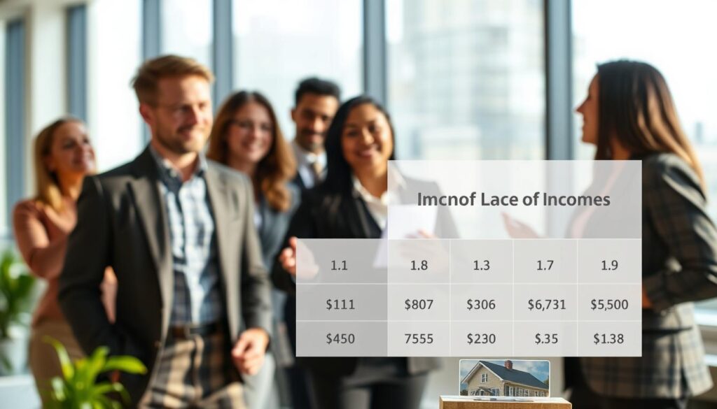 A visual representation of income brackets in a housing program, illustrating the distinctions among income levels 1, 2, and 3. In the foreground, depict a clear and organized chart or infographic showcasing the income ranges, with numerical values represented in an easy-to-read format. In the middle background, feature diverse individuals dressed in professional attire, engaged in discussions about housing finance. They should appear focused and thoughtful, reflecting the importance of the topic. The background consists of a modern office setting, with large windows letting in natural sunlight, creating a bright and optimistic atmosphere. The lighting should be warm and inviting, enhancing the sense of collaboration and understanding. Use a slight depth of field to draw attention to the chart while still giving context to the people in the scene. A visual representation of income brackets in a housing program, illustrating the distinctions among income levels 1, 2, and 3. In the foreground, depict a clear and organized chart or infographic showcasing the income ranges, with numerical values represented in an easy-to-read format. In the middle background, feature diverse individuals dressed in professional attire, engaged in discussions about housing finance. They should appear focused and thoughtful, reflecting the importance of the topic. The background consists of a modern office setting, with large windows letting in natural sunlight, creating a bright and optimistic atmosphere. The lighting should be warm and inviting, enhancing the sense of collaboration and understanding. Use a slight depth of field to draw attention to the chart while still giving context to the people in the scene.