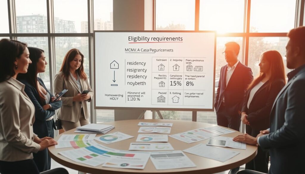 A visually engaging and informative scene depicting the eligibility requirements for the MCMV (Minha Casa, Minha Vida) program. In the foreground, a diverse group of individuals dressed in professional business attire stands confidently, engaging in discussion around a circular table filled with documents and charts that illustrate housing statistics. In the middle ground, an interactive whiteboard displays key eligibility criteria, such as family income levels, residency requirements, and housing preferences, illustrated with clear icons and visuals. The background features a modern office setting with large windows allowing warm, natural light to pour in, creating an inviting atmosphere. The overall mood is one of collaboration and hope, embodying the potential of homeownership for all participants. A visually engaging and informative scene depicting the eligibility requirements for the MCMV (Minha Casa, Minha Vida) program. In the foreground, a diverse group of individuals dressed in professional business attire stands confidently, engaging in discussion around a circular table filled with documents and charts that illustrate housing statistics. In the middle ground, an interactive whiteboard displays key eligibility criteria, such as family income levels, residency requirements, and housing preferences, illustrated with clear icons and visuals. The background features a modern office setting with large windows allowing warm, natural light to pour in, creating an inviting atmosphere. The overall mood is one of collaboration and hope, embodying the potential of homeownership for all participants.