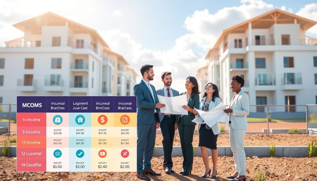 A visually engaging illustration that represents the income brackets for the Minha Casa Minha Vida (MCMV) program focusing on construction financing. In the foreground, display a clear, labeled infographic of different income tiers, using distinct colors and icons to denote each bracket. In the middle ground, showcase a diverse group of individuals, dressed in professional business attire, discussing plans with blueprints in hand, symbolizing potential home builders. The background features a modern urban landscape with partially constructed houses, under a bright, inviting sky, creating a hopeful atmosphere. Soft daylight lighting enhances the scene, giving it a positive, motivating feel. Capture this image from a slightly elevated angle to provide depth and clarity to both the characters and the infographic elements. A visually engaging illustration that represents the income brackets for the Minha Casa Minha Vida (MCMV) program focusing on construction financing. In the foreground, display a clear, labeled infographic of different income tiers, using distinct colors and icons to denote each bracket. In the middle ground, showcase a diverse group of individuals, dressed in professional business attire, discussing plans with blueprints in hand, symbolizing potential home builders. The background features a modern urban landscape with partially constructed houses, under a bright, inviting sky, creating a hopeful atmosphere. Soft daylight lighting enhances the scene, giving it a positive, motivating feel. Capture this image from a slightly elevated angle to provide depth and clarity to both the characters and the infographic elements.