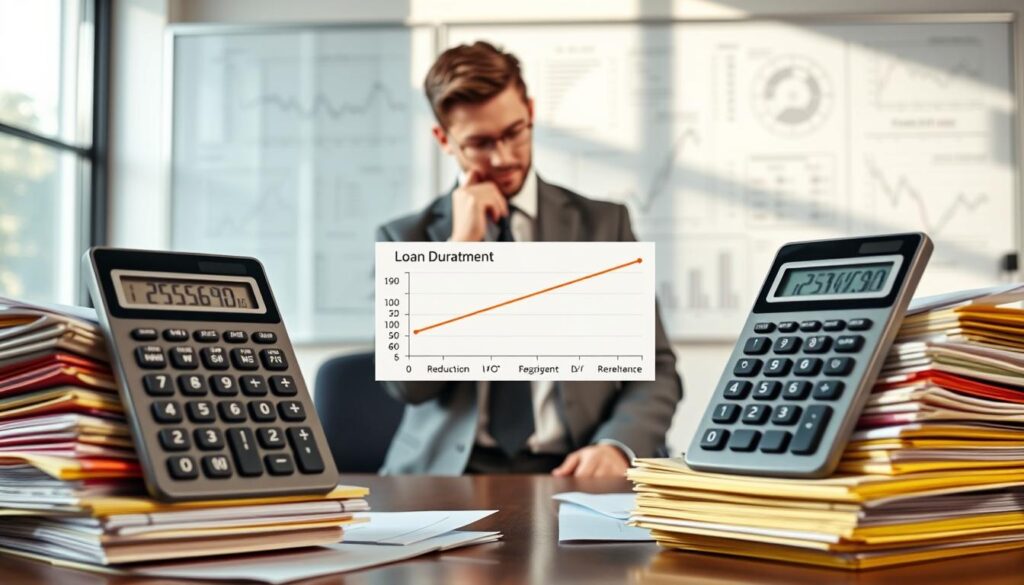 A visually engaging representation of "extraordinary amortization options" featuring a split illustration. In the foreground, two financial calculators are prominently displayed, each surrounded by stacks of colorful documents representing loan agreements. In the middle, a professional individual in business attire thoughtfully examines a chart illustrating the reduction of loan duration versus a decrease in monthly payment amounts. The background showcases an office environment with soft, natural lighting filtering through a window, casting gentle shadows. A large whiteboard filled with financial diagrams and graphs is slightly blurred to emphasize the foreground elements. The overall mood is analytical and focused, conveying a sense of professional decision-making in the finance sector. A visually engaging representation of "extraordinary amortization options" featuring a split illustration. In the foreground, two financial calculators are prominently displayed, each surrounded by stacks of colorful documents representing loan agreements. In the middle, a professional individual in business attire thoughtfully examines a chart illustrating the reduction of loan duration versus a decrease in monthly payment amounts. The background showcases an office environment with soft, natural lighting filtering through a window, casting gentle shadows. A large whiteboard filled with financial diagrams and graphs is slightly blurred to emphasize the foreground elements. The overall mood is analytical and focused, conveying a sense of professional decision-making in the finance sector.
