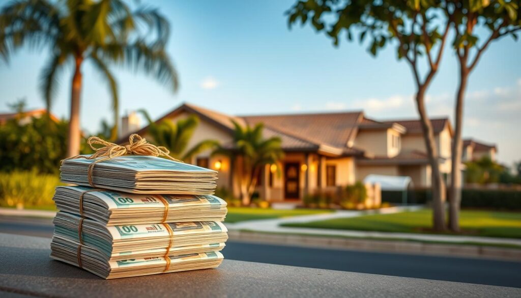 A visually engaging representation of "quatro salários mínimos" symbolizing financial stability and homeownership. In the foreground, feature an elegant stack of four bundles of Brazilian currency, with each bundle neatly arranged and tied with a ribbon. In the middle, include an inviting home with a cozy exterior, accentuated by warm lighting suggesting a friendly atmosphere, and surrounded by lush greenery. In the background, depict a serene suburban neighborhood with nicely manicured lawns and clear blue skies, enhancing the sense of community. Capture the scene in natural daylight, using a slightly elevated angle to emphasize the abundance and positivity. Aim for a warm, optimistic mood that reflects aspirations for home ownership and financial support. No text or watermarks. A visually engaging representation of "quatro salários mínimos" symbolizing financial stability and homeownership. In the foreground, feature an elegant stack of four bundles of Brazilian currency, with each bundle neatly arranged and tied with a ribbon. In the middle, include an inviting home with a cozy exterior, accentuated by warm lighting suggesting a friendly atmosphere, and surrounded by lush greenery. In the background, depict a serene suburban neighborhood with nicely manicured lawns and clear blue skies, enhancing the sense of community. Capture the scene in natural daylight, using a slightly elevated angle to emphasize the abundance and positivity. Aim for a warm, optimistic mood that reflects aspirations for home ownership and financial support. No text or watermarks.