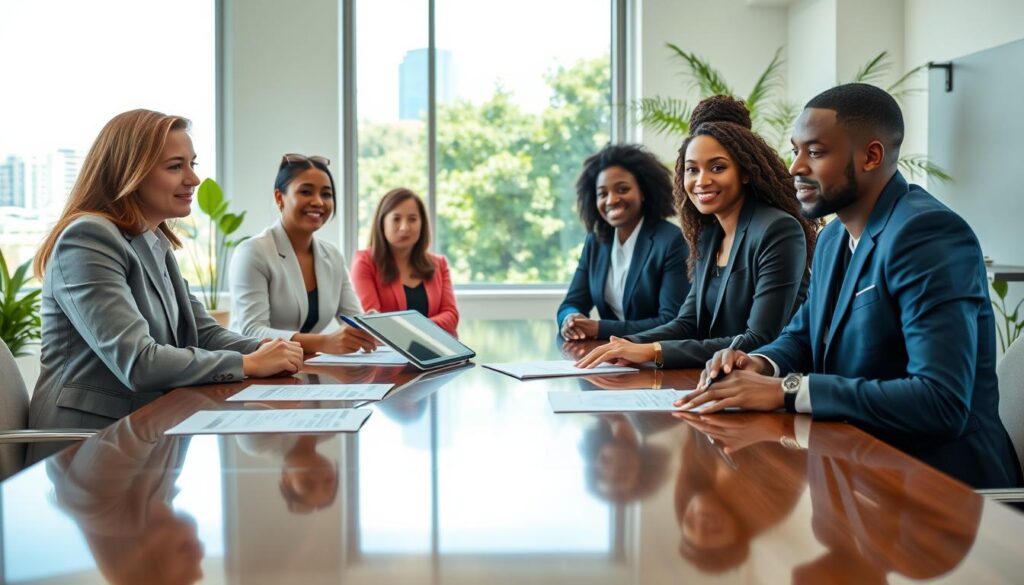 A visually engaging scene depicting a professional meeting focused on real estate investment in Maringá, Brazil. In the foreground, a diverse group of four individuals, dressed in smart business attire, are gathered around a polished conference table with documents and a digital tablet in front of them. The middle of the composition features a large window showing a bright Maringá skyline and lush greenery outside, symbolizing growth and opportunity. The background illustrates a well-lit office ambience with modern decor and indoor plants, adding warmth to the setting. The atmosphere is cooperative and optimistic, conveying a sense of purpose and clarity regarding the legal and contractual timelines involved in acquiring property through a consortium. Soft, natural lighting enhances the professionalism of the environment. A visually engaging scene depicting a professional meeting focused on real estate investment in Maringá, Brazil. In the foreground, a diverse group of four individuals, dressed in smart business attire, are gathered around a polished conference table with documents and a digital tablet in front of them. The middle of the composition features a large window showing a bright Maringá skyline and lush greenery outside, symbolizing growth and opportunity. The background illustrates a well-lit office ambience with modern decor and indoor plants, adding warmth to the setting. The atmosphere is cooperative and optimistic, conveying a sense of purpose and clarity regarding the legal and contractual timelines involved in acquiring property through a consortium. Soft, natural lighting enhances the professionalism of the environment.