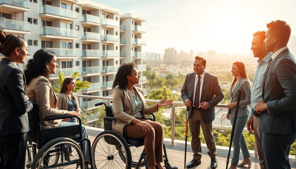 A visually engaging scene depicting the theme of "legislação PCD" in the context of Brazilian housing, focusing on inclusion. In the foreground, a diverse group of individuals with disabilities, including a woman in a wheelchair and a man with a cane, discussing housing rights, all dressed in professional attire. In the middle ground, a modern apartment complex features ramps and accessible entrances, symbolizing inclusive design. The background showcases a bright, sunny cityscape with lush greenery, illustrating a welcoming environment for all. Soft, natural lighting enhances the atmosphere of hope and positivity. The image should evoke a sense of community and empowerment, celebrating the legal framework that supports people with disabilities in housing. A visually engaging scene depicting the theme of "legislação PCD" in the context of Brazilian housing, focusing on inclusion. In the foreground, a diverse group of individuals with disabilities, including a woman in a wheelchair and a man with a cane, discussing housing rights, all dressed in professional attire. In the middle ground, a modern apartment complex features ramps and accessible entrances, symbolizing inclusive design. The background showcases a bright, sunny cityscape with lush greenery, illustrating a welcoming environment for all. Soft, natural lighting enhances the atmosphere of hope and positivity. The image should evoke a sense of community and empowerment, celebrating the legal framework that supports people with disabilities in housing.