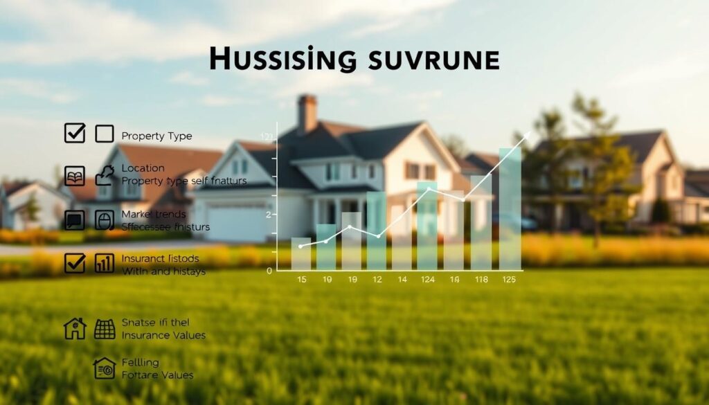 A visually striking infographic depicting the various factors influencing the value of housing insurance. In the foreground, include a checklist featuring key elements such as location, property type, market trends, and insurance history, illustrated with related icons. In the middle, show a modern home overlaid with graphical bars to represent rising and falling insurance values. The background should feature a serene suburban landscape with soft natural lighting that evokes a sense of stability and security. Use a wide-angle lens effect to draw the viewer's eye toward the home. The atmosphere should be professional yet welcoming, suitable for a financial article, avoiding any text or labels within the image. A visually striking infographic depicting the various factors influencing the value of housing insurance. In the foreground, include a checklist featuring key elements such as location, property type, market trends, and insurance history, illustrated with related icons. In the middle, show a modern home overlaid with graphical bars to represent rising and falling insurance values. The background should feature a serene suburban landscape with soft natural lighting that evokes a sense of stability and security. Use a wide-angle lens effect to draw the viewer's eye toward the home. The atmosphere should be professional yet welcoming, suitable for a financial article, avoiding any text or labels within the image.
