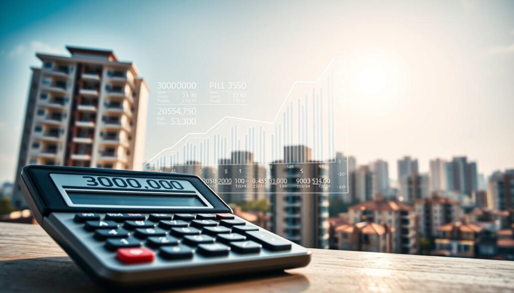 A visually striking representation of compound interest in real estate financing. In the foreground, a modern calculator displaying calculations with a backdrop of a residential building, symbolizing the 300,000 real estate investment. In the middle ground, a transparent overlay of graphs and charts showcasing rising interest rates and payment schedules, illustrating the complexity of financing. The background includes a skyline of various residential buildings under a bright, clear sky, signifying growth and opportunity. Use soft, natural lighting to create a warm and inviting atmosphere, shot from a low angle to emphasize both the calculator and the housing concept. The overall mood should convey financial insight and empowerment in real estate investment. A visually striking representation of compound interest in real estate financing. In the foreground, a modern calculator displaying calculations with a backdrop of a residential building, symbolizing the 300,000 real estate investment. In the middle ground, a transparent overlay of graphs and charts showcasing rising interest rates and payment schedules, illustrating the complexity of financing. The background includes a skyline of various residential buildings under a bright, clear sky, signifying growth and opportunity. Use soft, natural lighting to create a warm and inviting atmosphere, shot from a low angle to emphasize both the calculator and the housing concept. The overall mood should convey financial insight and empowerment in real estate investment.