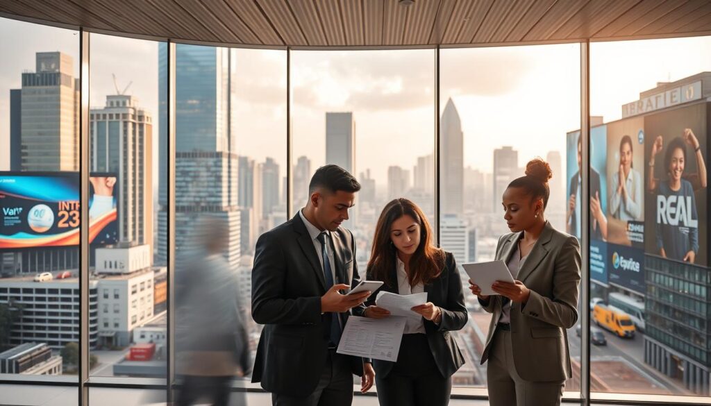 A vivid portrayal of the Brazilian credit landscape in 2026, featuring a modern urban scene. In the foreground, a diverse group of three professionals, dressed in sleek business attire, are engaging in a discussion while looking at financial documents and digital devices. The middle ground showcases a sleek office environment with large windows revealing a bustling city skyline filled with contemporary architecture. In the background, billboards display digital visuals representing various financial products and services, enhancing the atmosphere of economic activity and innovation. Soft, natural lighting floods the scene, creating a warm and inviting mood. The camera angle is slightly elevated, providing a comprehensive view of the setting without clutter or distractions. A vivid portrayal of the Brazilian credit landscape in 2026, featuring a modern urban scene. In the foreground, a diverse group of three professionals, dressed in sleek business attire, are engaging in a discussion while looking at financial documents and digital devices. The middle ground showcases a sleek office environment with large windows revealing a bustling city skyline filled with contemporary architecture. In the background, billboards display digital visuals representing various financial products and services, enhancing the atmosphere of economic activity and innovation. Soft, natural lighting floods the scene, creating a warm and inviting mood. The camera angle is slightly elevated, providing a comprehensive view of the setting without clutter or distractions.