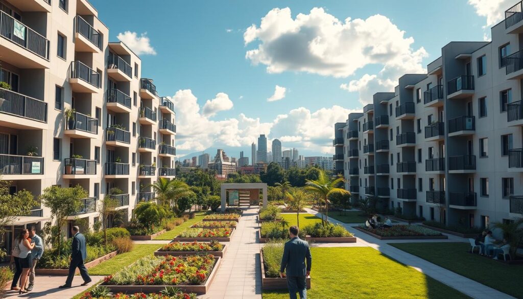 A vivid representation of a modern apartment complex in Maringá, Paraná, showcasing the benefits of Cohapar's housing subsidy. In the foreground, a well-designed apartment building with balconies and green spaces, featuring a few residents dressed in professional business attire enjoying the environment. The middle ground reveals well-maintained pathways, flower beds, and seating areas where families may gather. The background showcases the skyline of Maringá with its distinctive architecture and lush greenery, under a bright blue sky with soft clouds. The image captures a warm, inviting atmosphere, illuminated by natural sunlight casting gentle shadows, highlighting the significance of the housing subsidy in improving community living. A vivid representation of a modern apartment complex in Maringá, Paraná, showcasing the benefits of Cohapar's housing subsidy. In the foreground, a well-designed apartment building with balconies and green spaces, featuring a few residents dressed in professional business attire enjoying the environment. The middle ground reveals well-maintained pathways, flower beds, and seating areas where families may gather. The background showcases the skyline of Maringá with its distinctive architecture and lush greenery, under a bright blue sky with soft clouds. The image captures a warm, inviting atmosphere, illuminated by natural sunlight casting gentle shadows, highlighting the significance of the housing subsidy in improving community living.
