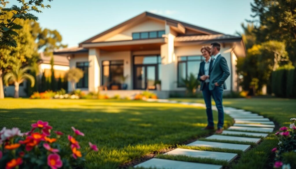 A welcoming modern home in Paiçandu with a charming front garden and a well-maintained path leading to the entrance. The foreground features vibrant flowers and a neatly trimmed lawn, while the middle ground showcases the stylish architecture of the house, featuring large windows that allow natural light to pour in. In the background, soft-focus trees outline the property, adding a touch of tranquility. The lighting is warm and inviting, suggesting a bright afternoon with a clear blue sky. A couple dressed in professional casual attire stands in front of the home, engaged in conversation. The overall mood is optimistic and inviting, reflecting the theme of new opportunities in home financing. A welcoming modern home in Paiçandu with a charming front garden and a well-maintained path leading to the entrance. The foreground features vibrant flowers and a neatly trimmed lawn, while the middle ground showcases the stylish architecture of the house, featuring large windows that allow natural light to pour in. In the background, soft-focus trees outline the property, adding a touch of tranquility. The lighting is warm and inviting, suggesting a bright afternoon with a clear blue sky. A couple dressed in professional casual attire stands in front of the home, engaged in conversation. The overall mood is optimistic and inviting, reflecting the theme of new opportunities in home financing.