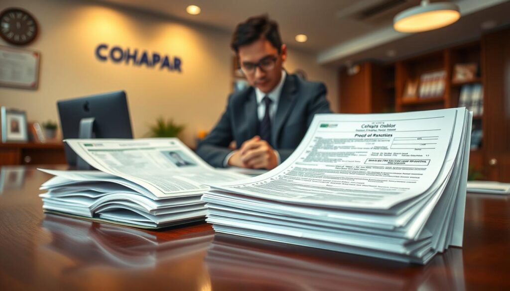 A well-organized document display showcasing essential Cohapar registration papers. In the foreground, a neatly arranged stack of documents including identification, proof of residency, and income statements, presented on a polished wooden desk. In the middle ground, a professional individual in business attire, intently reviewing the papers, with a focused expression. The background features a softly blurred image of a Cohapar agency office, with warm lighting creating a welcoming atmosphere. The scene should evoke a sense of order and professionalism, emphasizing the importance of having the right documents for effective service. The angle is slightly above eye level, providing a comprehensive view of the workspace. A well-organized document display showcasing essential Cohapar registration papers. In the foreground, a neatly arranged stack of documents including identification, proof of residency, and income statements, presented on a polished wooden desk. In the middle ground, a professional individual in business attire, intently reviewing the papers, with a focused expression. The background features a softly blurred image of a Cohapar agency office, with warm lighting creating a welcoming atmosphere. The scene should evoke a sense of order and professionalism, emphasizing the importance of having the right documents for effective service. The angle is slightly above eye level, providing a comprehensive view of the workspace.