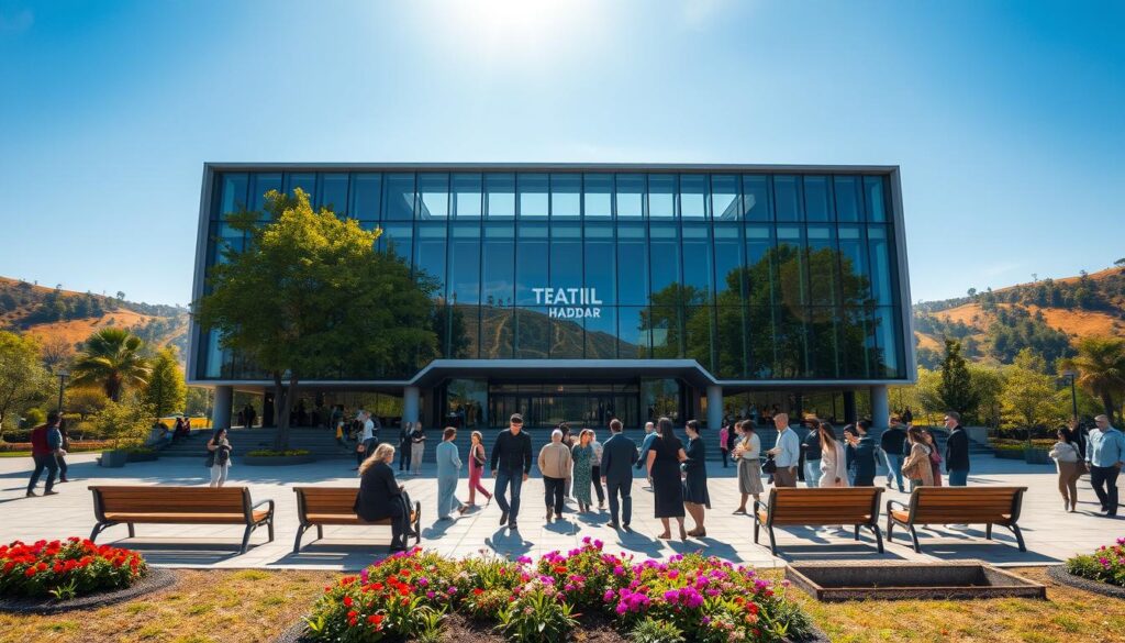 A wide shot of Teatro Calil Haddad in Zone 05, showcasing its distinctive modern architecture with large glass windows reflecting the surrounding greenery. In the foreground, a tranquil plaza with vibrant flowers and neatly arranged benches invites visitors to relax. The middle ground features the theater entrance, where diverse people in professional attire and modest casual clothing gather, capturing a sense of community. The background reveals gently sloping hills with trees, under a clear blue sky with soft, warm sunlight spilling across the scene, creating a peaceful and inviting atmosphere. The image should emphasize the charm and cultural significance of the area, using a slightly elevated angle to provide depth and perspective. A wide shot of Teatro Calil Haddad in Zone 05, showcasing its distinctive modern architecture with large glass windows reflecting the surrounding greenery. In the foreground, a tranquil plaza with vibrant flowers and neatly arranged benches invites visitors to relax. The middle ground features the theater entrance, where diverse people in professional attire and modest casual clothing gather, capturing a sense of community. The background reveals gently sloping hills with trees, under a clear blue sky with soft, warm sunlight spilling across the scene, creating a peaceful and inviting atmosphere. The image should emphasize the charm and cultural significance of the area, using a slightly elevated angle to provide depth and perspective.