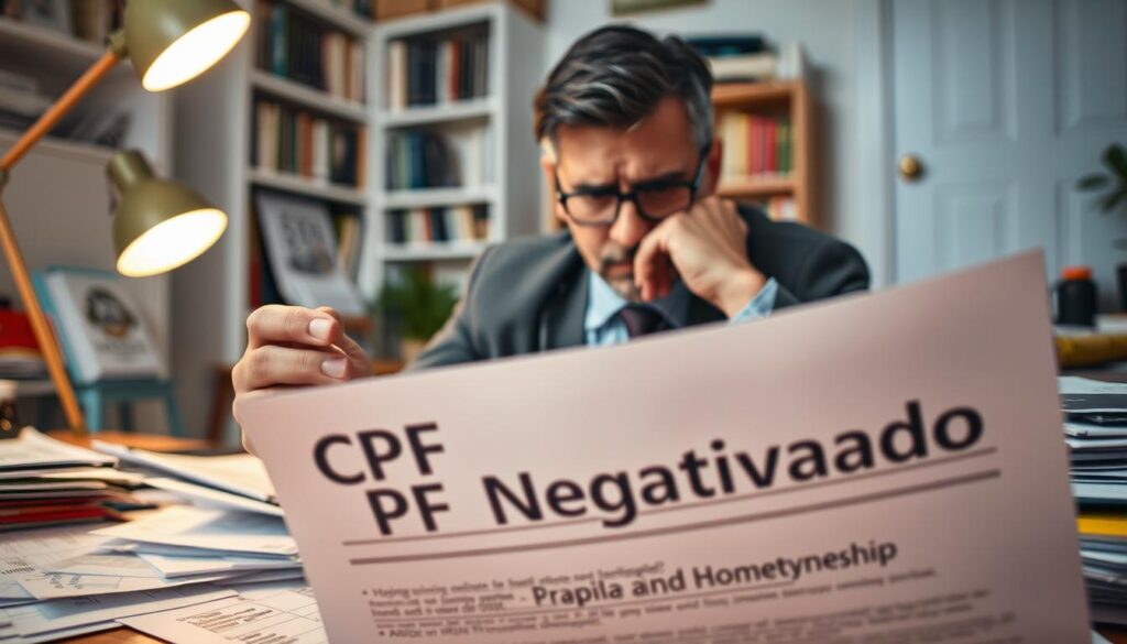 A worried individual in professional attire sits at a desk cluttered with paperwork, a visibly strained expression as they examine a document labeled "CPF Negativado." The foreground features a close-up of the document, emphasizing the title in bold, clear letters. In the middle ground, the individual is surrounded by various financial papers scattered about, with a warm desk lamp casting a soft, focused light onto their worried face. In the background, a blurred view of a modest home office with shelves filled with books about finance and homeownership. The scene portrays a mood of concern and contemplation, underscoring the challenges of financing a home with a compromised credit status. A worried individual in professional attire sits at a desk cluttered with paperwork, a visibly strained expression as they examine a document labeled "CPF Negativado." The foreground features a close-up of the document, emphasizing the title in bold, clear letters. In the middle ground, the individual is surrounded by various financial papers scattered about, with a warm desk lamp casting a soft, focused light onto their worried face. In the background, a blurred view of a modest home office with shelves filled with books about finance and homeownership. The scene portrays a mood of concern and contemplation, underscoring the challenges of financing a home with a compromised credit status.