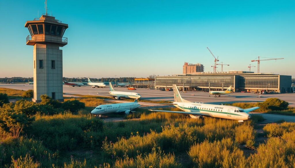 Aerial view of an old airport, showcasing vintage architecture with art deco elements, and the tarmac surrounded by lush greenery. In the foreground, a weathered control tower stands proudly, with its characteristic large windows. The middle ground features abandoned airplanes covered in light rust, surrounded by overgrown grass and wildflowers, evoking a sense of nostalgia and time. In the background, outline the new civic center being constructed, with modern glass and steel structures, symbolizing transformation. The lighting is warm and inviting, reminiscent of a late afternoon sun, casting long shadows and enhancing the mood of hopeful change. The perspective is slightly elevated, allowing a panoramic view that illustrates both history and future potential, with a serene blue sky above. Aerial view of an old airport, showcasing vintage architecture with art deco elements, and the tarmac surrounded by lush greenery. In the foreground, a weathered control tower stands proudly, with its characteristic large windows. The middle ground features abandoned airplanes covered in light rust, surrounded by overgrown grass and wildflowers, evoking a sense of nostalgia and time. In the background, outline the new civic center being constructed, with modern glass and steel structures, symbolizing transformation. The lighting is warm and inviting, reminiscent of a late afternoon sun, casting long shadows and enhancing the mood of hopeful change. The perspective is slightly elevated, allowing a panoramic view that illustrates both history and future potential, with a serene blue sky above.
