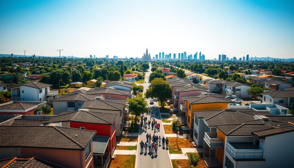 Aerial view of the city of Sarandi, Brazil, showcasing a developing neighborhood under the Minha Casa Minha Vida (MCMV) program. In the foreground, rows of new houses with modern architecture, some painted in bright colors, indicating community growth. In the middle ground, a vibrant street bustling with families and construction workers, all dressed in professional business attire, illustrating the local economy. The background features lush green spaces and the distinctive skyline of Maringá, with its iconic Cathedral and tall buildings. The atmosphere is optimistic and focused on community development under clear blue skies. Soft, warm sunlight enhances the overall mood, captured with a wide-angle lens to emphasize the thriving neighborhood. Aerial view of the city of Sarandi, Brazil, showcasing a developing neighborhood under the Minha Casa Minha Vida (MCMV) program. In the foreground, rows of new houses with modern architecture, some painted in bright colors, indicating community growth. In the middle ground, a vibrant street bustling with families and construction workers, all dressed in professional business attire, illustrating the local economy. The background features lush green spaces and the distinctive skyline of Maringá, with its iconic Cathedral and tall buildings. The atmosphere is optimistic and focused on community development under clear blue skies. Soft, warm sunlight enhances the overall mood, captured with a wide-angle lens to emphasize the thriving neighborhood.