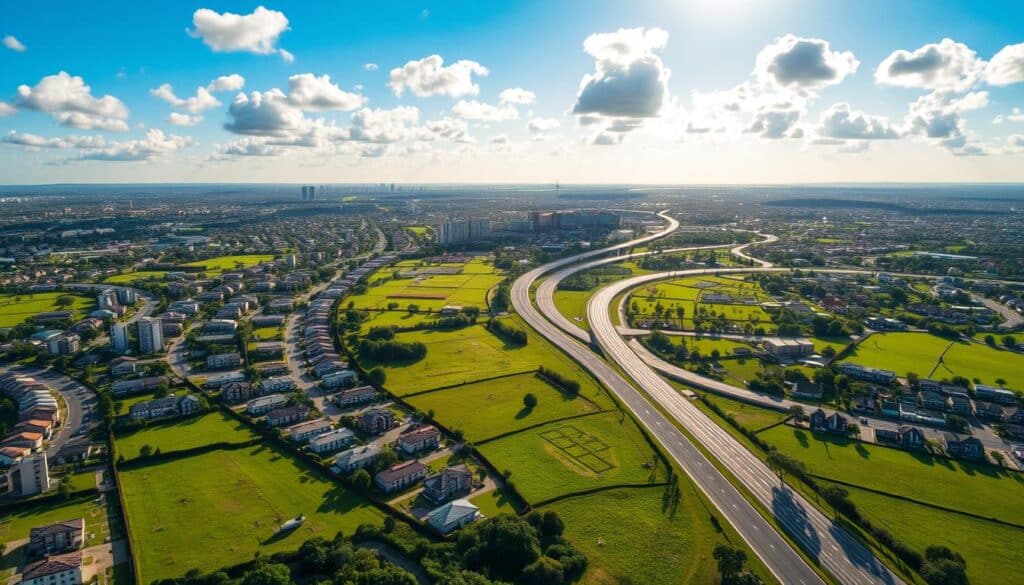 An aerial view of the Perimetral Norte area in Maringá, showcasing urban expansion and new developments. In the foreground, vibrant green landscapes with freshly constructed residential and commercial buildings, laid out in well-defined plots. The middle ground features the newly formed roadways of the Perimetral Norte, curving elegantly through the area, connecting various neighborhoods. The background highlights distant cityscapes and the horizon, with a bright blue sky filled with soft, fluffy clouds and warm sunlight casting dynamic shadows. The scene captures a sense of growth and modernity, conveying the importance of urban planning and infrastructure development in this region. The image evokes a hopeful, forward-looking atmosphere, emphasizing progress and community. An aerial view of the Perimetral Norte area in Maringá, showcasing urban expansion and new developments. In the foreground, vibrant green landscapes with freshly constructed residential and commercial buildings, laid out in well-defined plots. The middle ground features the newly formed roadways of the Perimetral Norte, curving elegantly through the area, connecting various neighborhoods. The background highlights distant cityscapes and the horizon, with a bright blue sky filled with soft, fluffy clouds and warm sunlight casting dynamic shadows. The scene captures a sense of growth and modernity, conveying the importance of urban planning and infrastructure development in this region. The image evokes a hopeful, forward-looking atmosphere, emphasizing progress and community.