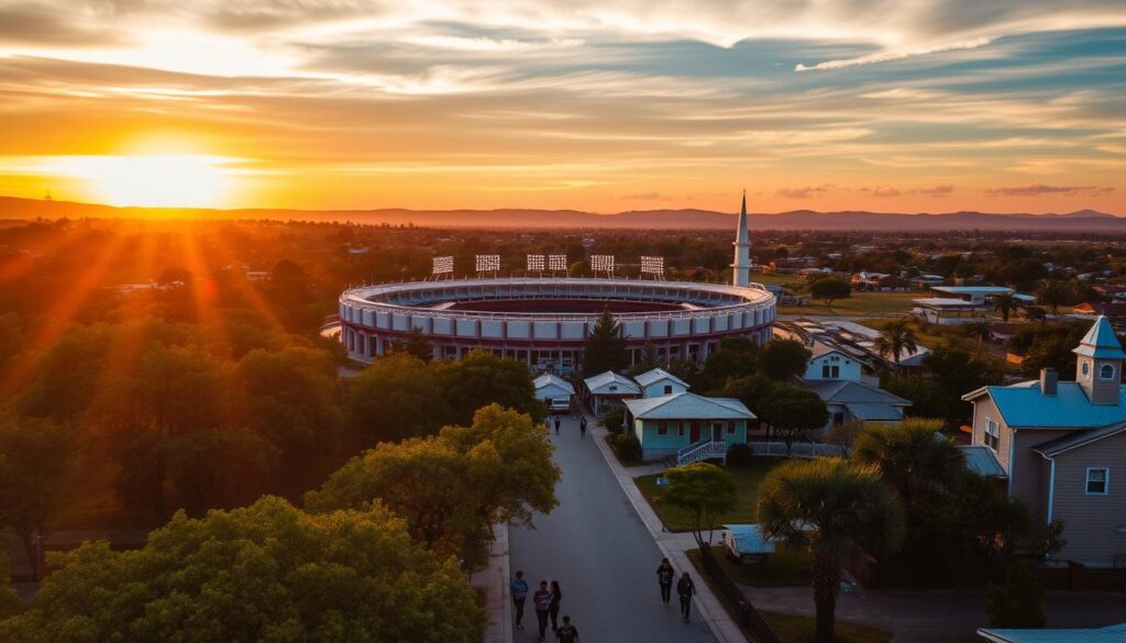 An aerial view of the Willie Davids Stadium in Maringá, set against a vibrant sunset sky, casting warm golden light over the scene. In the foreground, a cozy residential neighborhood with tree-lined streets and charming houses, indicating proximity to the stadium. Several people are seen walking, some chatting and enjoying outdoor activities, dressed in casual attire that shows a community atmosphere. The middle ground showcases the stadium, with its distinctive architecture and a hint of activity as lights shimmer around it, suggesting a game about to begin. The background features distant hills and a few scattered clouds, creating depth. The overall mood is lively and inviting, reflecting a balance between excitement and everyday life. An aerial view of the Willie Davids Stadium in Maringá, set against a vibrant sunset sky, casting warm golden light over the scene. In the foreground, a cozy residential neighborhood with tree-lined streets and charming houses, indicating proximity to the stadium. Several people are seen walking, some chatting and enjoying outdoor activities, dressed in casual attire that shows a community atmosphere. The middle ground showcases the stadium, with its distinctive architecture and a hint of activity as lights shimmer around it, suggesting a game about to begin. The background features distant hills and a few scattered clouds, creating depth. The overall mood is lively and inviting, reflecting a balance between excitement and everyday life.