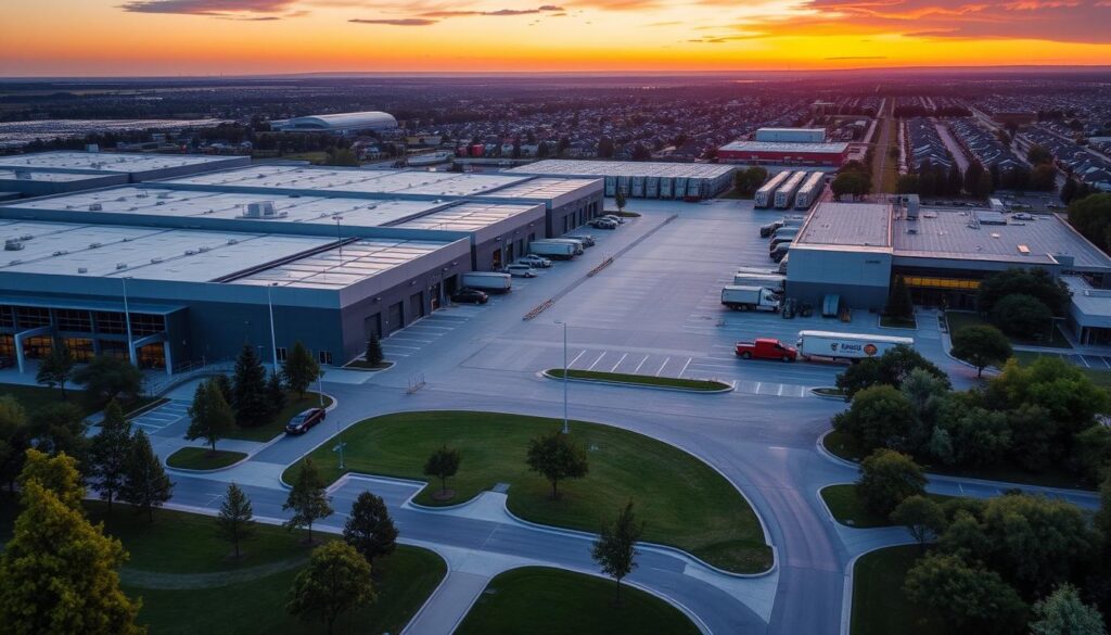An expansive industrial park at sunset, featuring modern warehouses and office buildings with large glass windows reflecting the warm orange and purple hues of the sky. In the foreground, meticulously landscaped green areas with trees and paved pathways invite workers and visitors. The middle ground showcases active loading docks and truck traffic, symbolizing commerce. The background reveals distant residential neighborhoods, hinting at proximity. Warm, inviting lighting enhances the professional atmosphere, while a slight depth of field effect softens the background slightly, ensuring a focus on the industrial structures. The overall mood is one of growth and opportunity, capturing the essence of a thriving business hub in a vibrant urban setting. An expansive industrial park at sunset, featuring modern warehouses and office buildings with large glass windows reflecting the warm orange and purple hues of the sky. In the foreground, meticulously landscaped green areas with trees and paved pathways invite workers and visitors. The middle ground showcases active loading docks and truck traffic, symbolizing commerce. The background reveals distant residential neighborhoods, hinting at proximity. Warm, inviting lighting enhances the professional atmosphere, while a slight depth of field effect softens the background slightly, ensuring a focus on the industrial structures. The overall mood is one of growth and opportunity, capturing the essence of a thriving business hub in a vibrant urban setting.