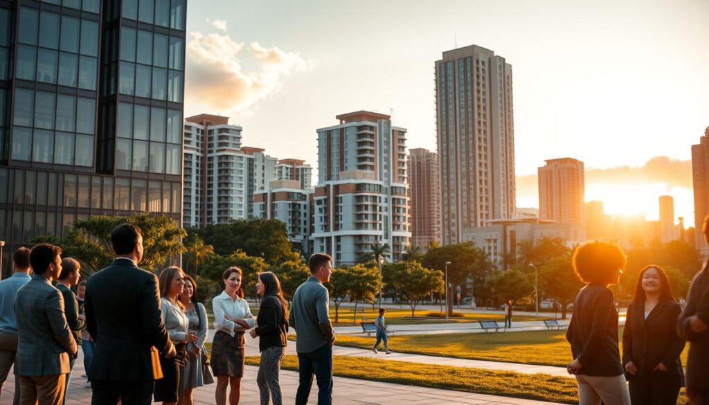 An inviting scene depicting a modern cityscape of Maringá, Brazil, during the golden hour, where warm sunlight bathes the buildings in a soft glow. In the foreground, a diverse group of professional individuals dressed in business attire are engaged in a friendly discussion near a stylish office building, symbolizing community and collaboration. In the middle ground, a well-maintained park with trees and benches invites families, highlighting the city's livability and growth. The background features a skyline of contemporary architecture with a blend of residential and commercial structures, embodying the vibrant economic activity related to government subsidies. The atmosphere is optimistic and promising, conveying the idea of affordable housing solutions and upward mobility. The image should have a slight depth of field to emphasize the foreground, with a warm color palette to evoke a sense of hope and possibility. An inviting scene depicting a modern cityscape of Maringá, Brazil, during the golden hour, where warm sunlight bathes the buildings in a soft glow. In the foreground, a diverse group of professional individuals dressed in business attire are engaged in a friendly discussion near a stylish office building, symbolizing community and collaboration. In the middle ground, a well-maintained park with trees and benches invites families, highlighting the city's livability and growth. The background features a skyline of contemporary architecture with a blend of residential and commercial structures, embodying the vibrant economic activity related to government subsidies. The atmosphere is optimistic and promising, conveying the idea of affordable housing solutions and upward mobility. The image should have a slight depth of field to emphasize the foreground, with a warm color palette to evoke a sense of hope and possibility.