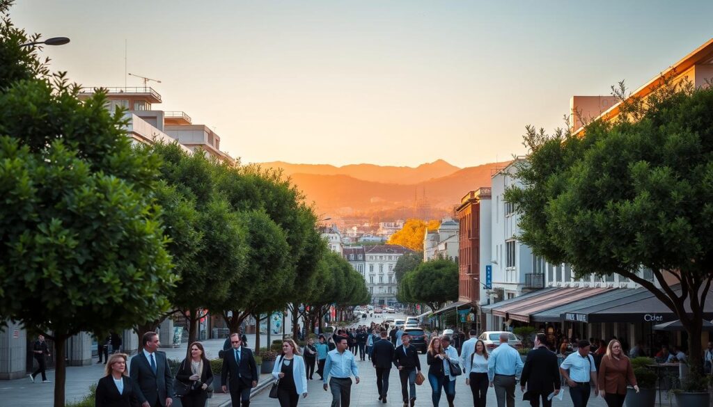 Avenida Cerro Azul, showcasing a vibrant street scene during the golden hour. In the foreground, well-kept trees line the sidewalk, with a diverse group of people dressed in professional business attire, walking and interacting. The middle ground features a mix of modern and traditional buildings, highlighting the contrast between the upper and lower parts of the avenue. Cafés with outdoor seating create a lively atmosphere, while the tops of distant hills are softly illuminated in the background, depicting the landscape as the sun sets. The lighting is warm and inviting, casting elongated shadows and enriching the colors of the street and buildings. The mood is peaceful and active, reflecting a thriving community. Avenida Cerro Azul, showcasing a vibrant street scene during the golden hour. In the foreground, well-kept trees line the sidewalk, with a diverse group of people dressed in professional business attire, walking and interacting. The middle ground features a mix of modern and traditional buildings, highlighting the contrast between the upper and lower parts of the avenue. Cafés with outdoor seating create a lively atmosphere, while the tops of distant hills are softly illuminated in the background, depicting the landscape as the sun sets. The lighting is warm and inviting, casting elongated shadows and enriching the colors of the street and buildings. The mood is peaceful and active, reflecting a thriving community.