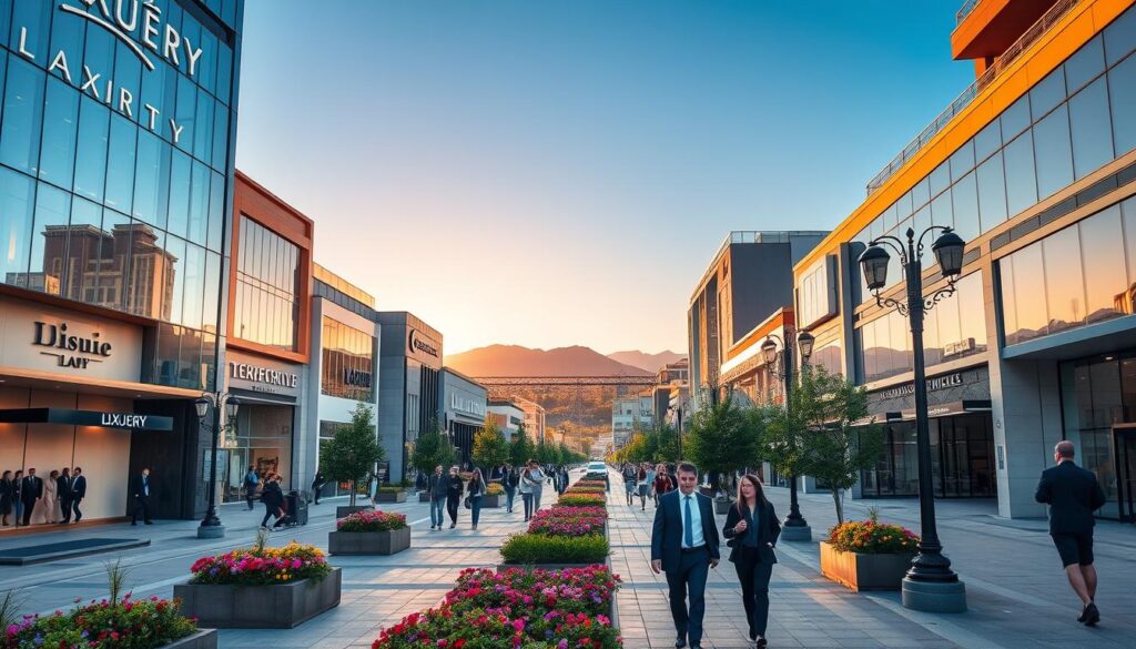 Avenida Gastão Vidigal in Maringá captured during golden hour, showcasing an upscale urban environment. In the foreground, elegant modern buildings with luxury boutiques line the street, their glass facades reflecting the warm sunlight. The middle layer features well-groomed streets with lush landscaping, planters bursting with vibrant flowers, and tasteful street lamps adding charm. People dressed in professional business attire stroll leisurely, embodying an affluent lifestyle. In the background, a serene skyline with subtle hills creates a sense of depth, complemented by a clear blue sky. The atmosphere conveys opulence and progress, inviting viewers to feel the dynamic energy of this emerging luxury destination. The image is bright and inviting, with soft shadows and a focus that highlights the architectural beauty of Avenida Gastão Vidigal. Avenida Gastão Vidigal in Maringá captured during golden hour, showcasing an upscale urban environment. In the foreground, elegant modern buildings with luxury boutiques line the street, their glass facades reflecting the warm sunlight. The middle layer features well-groomed streets with lush landscaping, planters bursting with vibrant flowers, and tasteful street lamps adding charm. People dressed in professional business attire stroll leisurely, embodying an affluent lifestyle. In the background, a serene skyline with subtle hills creates a sense of depth, complemented by a clear blue sky. The atmosphere conveys opulence and progress, inviting viewers to feel the dynamic energy of this emerging luxury destination. The image is bright and inviting, with soft shadows and a focus that highlights the architectural beauty of Avenida Gastão Vidigal.