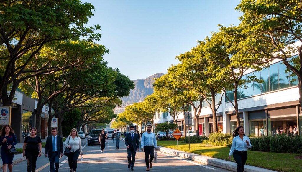 Avenida Itororó in Maringá, Brazil, bustling with life, features a wide, tree-lined avenue adorned with vibrant green foliage. In the foreground, pedestrians dressed in professional business attire and modest casual clothing navigate the sidewalk, showcasing the connection between Bosque 2 and the city center. The middle ground highlights modern buildings, shopfronts with glass facades, and well-maintained landscaping, under soft, golden afternoon light. In the background, a clear blue sky complements the scene, with a hint of distant hills framing the urban environment. The atmosphere is lively yet relaxed, capturing the essence of daily life in this vital thoroughfare. The angle is slightly elevated, providing a panoramic view that emphasizes both the activity and the architectural details of Avenida Itororó. Avenida Itororó in Maringá, Brazil, bustling with life, features a wide, tree-lined avenue adorned with vibrant green foliage. In the foreground, pedestrians dressed in professional business attire and modest casual clothing navigate the sidewalk, showcasing the connection between Bosque 2 and the city center. The middle ground highlights modern buildings, shopfronts with glass facades, and well-maintained landscaping, under soft, golden afternoon light. In the background, a clear blue sky complements the scene, with a hint of distant hills framing the urban environment. The atmosphere is lively yet relaxed, capturing the essence of daily life in this vital thoroughfare. The angle is slightly elevated, providing a panoramic view that emphasizes both the activity and the architectural details of Avenida Itororó.