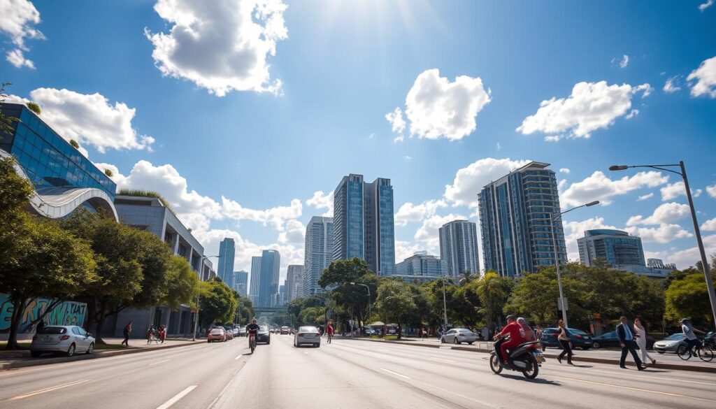 Avenida Itororó is depicted as a wide, tree-lined street bustling with activity, representing a vital connection between Bosque 2 and the city center. In the foreground, capture a smooth road with clear lanes, showing a few cars and bicycles moving efficiently. The middle ground features modern buildings with glass facades, accented by vibrant greenery and urban art, highlighting the lively atmosphere. In the background, tall city skyscrapers soar against a bright blue sky scattered with fluffy clouds. Warm sunlight floods the scene, creating an energizing glow. Emphasize a sense of motion and connectivity, with pedestrians walking alongside the road, dressed in professional attire and casual clothing. The overall mood is dynamic and inviting, illustrating the swift access that Avenida Itororó provides. Avenida Itororó is depicted as a wide, tree-lined street bustling with activity, representing a vital connection between Bosque 2 and the city center. In the foreground, capture a smooth road with clear lanes, showing a few cars and bicycles moving efficiently. The middle ground features modern buildings with glass facades, accented by vibrant greenery and urban art, highlighting the lively atmosphere. In the background, tall city skyscrapers soar against a bright blue sky scattered with fluffy clouds. Warm sunlight floods the scene, creating an energizing glow. Emphasize a sense of motion and connectivity, with pedestrians walking alongside the road, dressed in professional attire and casual clothing. The overall mood is dynamic and inviting, illustrating the swift access that Avenida Itororó provides.