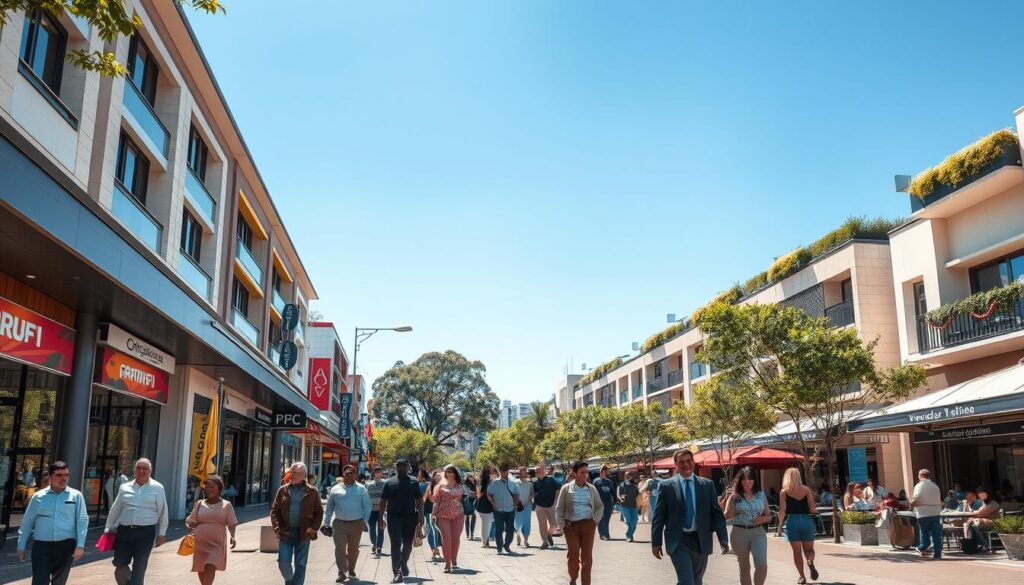 Avenida Kakogawa bustling with activity, showcasing a vibrant commercial district. In the foreground, a diverse group of people, including professionals in business attire and families enjoying the area, walk along a wide, tree-lined sidewalk. The middle ground features modern storefronts with glass facades, colorful banners, and inviting café patios spilling onto the sidewalk, enhancing the lively atmosphere. In the background, low-rise residential buildings neatly complement the commercial landscape, their balconies adorned with greenery. Bright sunlight casts playful shadows, while the sky is a clear blue, adding a sense of warmth and optimism. The composition is shot from a slight low angle to emphasize the growth and dynamism of the avenue, creating an inviting and prosperous mood. Avenida Kakogawa bustling with activity, showcasing a vibrant commercial district. In the foreground, a diverse group of people, including professionals in business attire and families enjoying the area, walk along a wide, tree-lined sidewalk. The middle ground features modern storefronts with glass facades, colorful banners, and inviting café patios spilling onto the sidewalk, enhancing the lively atmosphere. In the background, low-rise residential buildings neatly complement the commercial landscape, their balconies adorned with greenery. Bright sunlight casts playful shadows, while the sky is a clear blue, adding a sense of warmth and optimism. The composition is shot from a slight low angle to emphasize the growth and dynamism of the avenue, creating an inviting and prosperous mood.