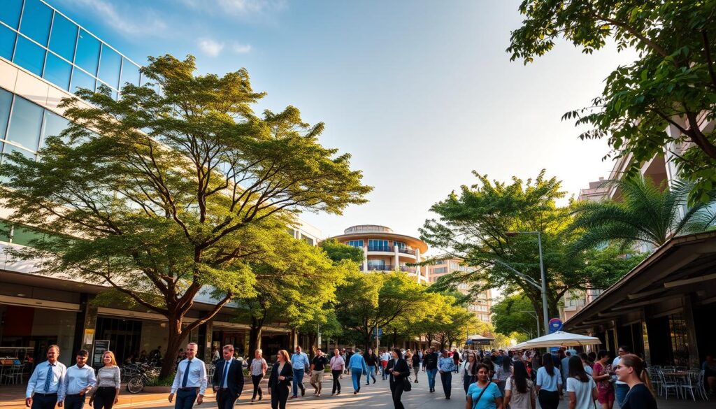 Avenida Kakogawa in Maringá, showcasing a vibrant commercial and residential area. In the foreground, a tree-lined street bustling with pedestrians in professional business attire and modest casual clothing, enjoying the local shops and cafes. The middle ground features modern commercial buildings with large glass windows reflecting the surroundings, alongside charming residential buildings with greenery. In the background, a clear blue sky with soft, warm sunlight casting gentle shadows, emphasizing a lively atmosphere. Use a wide-angle lens to capture the depth and activity of this busy avenue, highlighting both architectural details and urban life. The mood should be inviting and dynamic, portraying a thriving community hub. Avenida Kakogawa in Maringá, showcasing a vibrant commercial and residential area. In the foreground, a tree-lined street bustling with pedestrians in professional business attire and modest casual clothing, enjoying the local shops and cafes. The middle ground features modern commercial buildings with large glass windows reflecting the surroundings, alongside charming residential buildings with greenery. In the background, a clear blue sky with soft, warm sunlight casting gentle shadows, emphasizing a lively atmosphere. Use a wide-angle lens to capture the depth and activity of this busy avenue, highlighting both architectural details and urban life. The mood should be inviting and dynamic, portraying a thriving community hub.