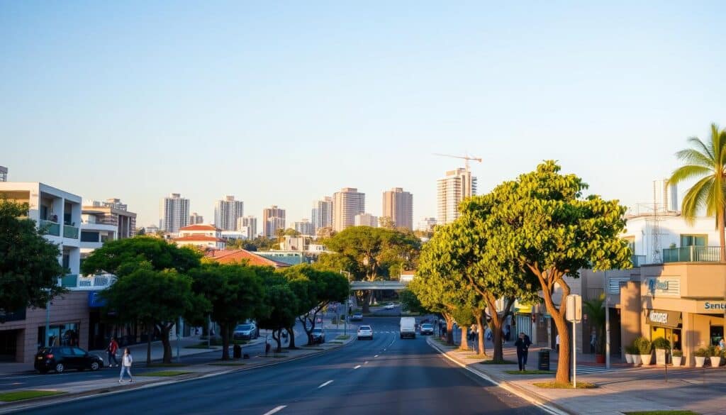 Avenida Morangueira in Maringá, depicting a busy urban scene during the late afternoon golden hour. In the foreground, a wide avenue lined with lush trees and well-maintained sidewalks, with a few pedestrians in modest casual clothing strolling. The middle ground showcases a variety of modern residential buildings and commercial establishments, with vibrant shopfronts and cafes. In the background, the skyline features the distinctive architecture of the Zona Norte area, under a clear blue sky with soft, warm sunlight casting gentle shadows. Capture the lively atmosphere of the neighborhood, emphasizing a sense of community and growth, with a balanced composition that integrates the natural and urban elements harmoniously. Use a slightly elevated angle to provide a panoramic view. Avenida Morangueira in Maringá, depicting a busy urban scene during the late afternoon golden hour. In the foreground, a wide avenue lined with lush trees and well-maintained sidewalks, with a few pedestrians in modest casual clothing strolling. The middle ground showcases a variety of modern residential buildings and commercial establishments, with vibrant shopfronts and cafes. In the background, the skyline features the distinctive architecture of the Zona Norte area, under a clear blue sky with soft, warm sunlight casting gentle shadows. Capture the lively atmosphere of the neighborhood, emphasizing a sense of community and growth, with a balanced composition that integrates the natural and urban elements harmoniously. Use a slightly elevated angle to provide a panoramic view.