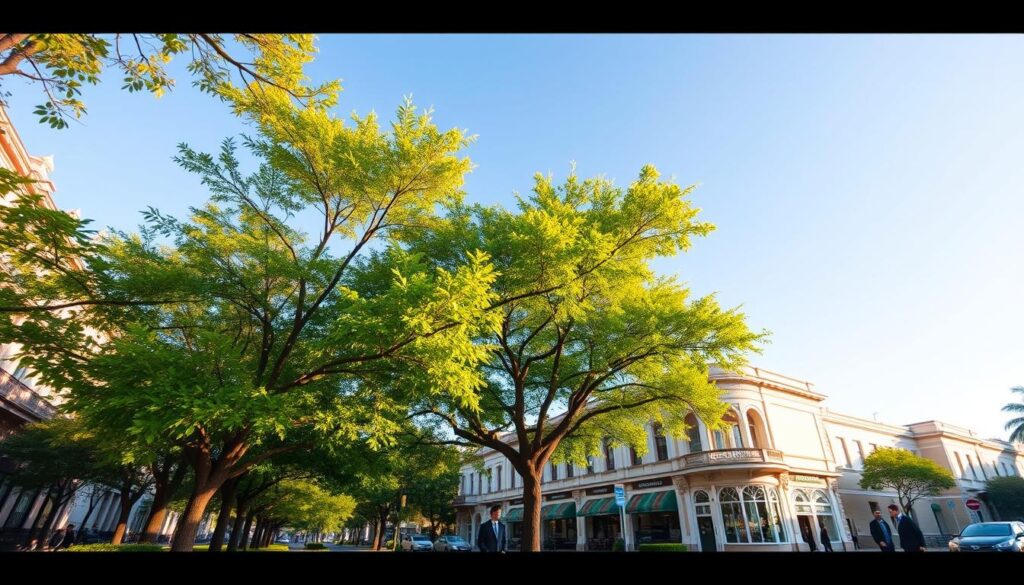 Avenida Paulo, a picturesque city street, is depicted in a serene daytime setting. In the foreground, vibrant green trees line the sidewalk, their leaves rustling gently in a light breeze. The middle ground features charming, well-preserved colonial-style buildings adorned with colorful awnings and inviting storefronts. A couple of pedestrians in smart casual clothing stroll leisurely, embodying the relaxed atmosphere of the area. In the background, a clear blue sky enhances the peaceful vibe, with soft sunlight casting gentle shadows. The scene is captured with a slightly elevated angle, reminiscent of a wide-angle lens, emphasizing the depth and perspective of the street. The overall mood is tranquil and inviting, showcasing Avenida Paulo as a hidden gem in the heart of the city. Avenida Paulo, a picturesque city street, is depicted in a serene daytime setting. In the foreground, vibrant green trees line the sidewalk, their leaves rustling gently in a light breeze. The middle ground features charming, well-preserved colonial-style buildings adorned with colorful awnings and inviting storefronts. A couple of pedestrians in smart casual clothing stroll leisurely, embodying the relaxed atmosphere of the area. In the background, a clear blue sky enhances the peaceful vibe, with soft sunlight casting gentle shadows. The scene is captured with a slightly elevated angle, reminiscent of a wide-angle lens, emphasizing the depth and perspective of the street. The overall mood is tranquil and inviting, showcasing Avenida Paulo as a hidden gem in the heart of the city.