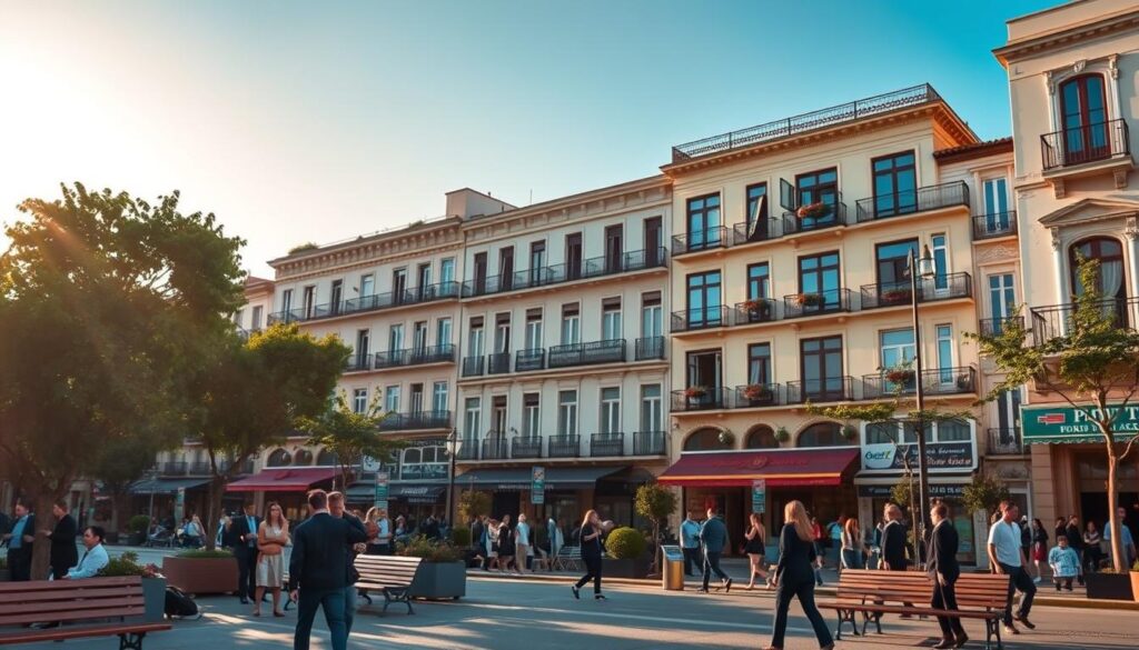 Avenida Pedro Taques bustling with life, showcasing a row of classic, spacious, old apartments. In the foreground, a charming street lined with trees and welcoming benches invites pedestrians. The middle ground features beautifully maintained vintage buildings with large windows and balconies decorated with plants, highlighting their spacious designs. The background displays a clear blue sky with soft, warm sunlight casting a golden hue on the scene, enhancing the inviting atmosphere. The image should capture a lively urban setting with people in professional attire, engaging in conversation or enjoying the surroundings. Use a wide-angle lens to convey depth and create a sense of openness, while ensuring the lighting feels warm and welcoming, inspiring a feeling of nostalgia and opportunity. Avenida Pedro Taques bustling with life, showcasing a row of classic, spacious, old apartments. In the foreground, a charming street lined with trees and welcoming benches invites pedestrians. The middle ground features beautifully maintained vintage buildings with large windows and balconies decorated with plants, highlighting their spacious designs. The background displays a clear blue sky with soft, warm sunlight casting a golden hue on the scene, enhancing the inviting atmosphere. The image should capture a lively urban setting with people in professional attire, engaging in conversation or enjoying the surroundings. Use a wide-angle lens to convey depth and create a sense of openness, while ensuring the lighting feels warm and welcoming, inspiring a feeling of nostalgia and opportunity.