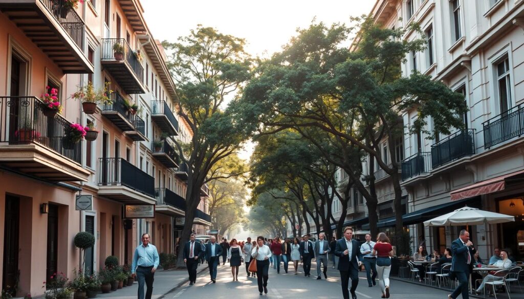 Avenida Pedro Taques in Maringá, showcasing a vibrant urban scene. In the foreground, well-maintained old apartments with spacious balconies adorned with potted plants and flowers, reflecting a sense of community. The middle ground features a tree-lined street bustling with residents walking or enjoying coffee at outdoor cafes, dressed in professional or smart casual attire. In the background, soft sunlight filters through the trees, creating a warm glow that highlights the distinct architectural style of the buildings, capturing the essence of nostalgia and opportunity. The scene is at eye level with a slightly angled perspective, evoking a welcoming, prosperous atmosphere. Ensure the image remains free of text, logos, or any distracting elements. Avenida Pedro Taques in Maringá, showcasing a vibrant urban scene. In the foreground, well-maintained old apartments with spacious balconies adorned with potted plants and flowers, reflecting a sense of community. The middle ground features a tree-lined street bustling with residents walking or enjoying coffee at outdoor cafes, dressed in professional or smart casual attire. In the background, soft sunlight filters through the trees, creating a warm glow that highlights the distinct architectural style of the buildings, capturing the essence of nostalgia and opportunity. The scene is at eye level with a slightly angled perspective, evoking a welcoming, prosperous atmosphere. Ensure the image remains free of text, logos, or any distracting elements.