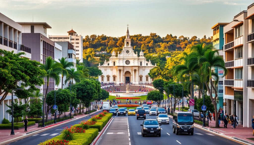 Avenida Tiradentes in Maringá, Brazil, showcasing vibrant urban life. In the foreground, a well-maintained street lined with modern buildings, adorned with green trees and colorful flowers, creating a welcoming atmosphere. The middle ground features the majestic Cathedral of Maringá, with its iconic architecture and surrounding park areas bustling with people enjoying leisurely activities. In the background, the scenic Parque do Ingá, with lush greenery and serene walking paths, enhancing the location's charm. The lighting is warm and inviting, suggesting early evening with soft golden hues. Capture this scene using a slightly elevated angle to encompass the busy street, the magnificent cathedral, and the peaceful park, conveying a harmonious urban lifestyle. Avenida Tiradentes in Maringá, Brazil, showcasing vibrant urban life. In the foreground, a well-maintained street lined with modern buildings, adorned with green trees and colorful flowers, creating a welcoming atmosphere. The middle ground features the majestic Cathedral of Maringá, with its iconic architecture and surrounding park areas bustling with people enjoying leisurely activities. In the background, the scenic Parque do Ingá, with lush greenery and serene walking paths, enhancing the location's charm. The lighting is warm and inviting, suggesting early evening with soft golden hues. Capture this scene using a slightly elevated angle to encompass the busy street, the magnificent cathedral, and the peaceful park, conveying a harmonious urban lifestyle.