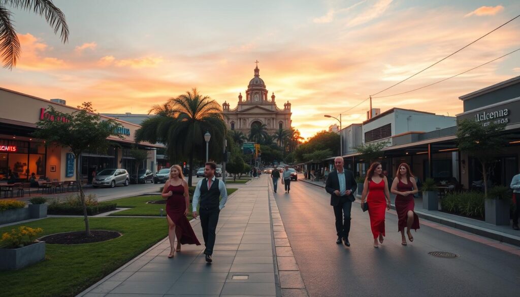 Avenida Tiradentes in Maringá captured during a vibrant sunset, showcasing the lively ambiance of the street. In the foreground, several elegantly dressed people walk along the wide sidewalk, engaging in cheerful conversation. The middle ground features well-maintained green spaces with trees and decorative plants, alongside modern cafes with outdoor seating, hinting at a bustling community atmosphere. In the background, the impressive silhouette of the Cathedral is visible, its architectural beauty highlighted by warm, golden hour lighting. The sky is painted in soft oranges and pinks, casting a tranquil glow over the scene. The overall mood is inviting and strategic, emphasizing the appeal of living near this exquisite location. Shot with a wide-angle lens to capture a panoramic view. Avenida Tiradentes in Maringá captured during a vibrant sunset, showcasing the lively ambiance of the street. In the foreground, several elegantly dressed people walk along the wide sidewalk, engaging in cheerful conversation. The middle ground features well-maintained green spaces with trees and decorative plants, alongside modern cafes with outdoor seating, hinting at a bustling community atmosphere. In the background, the impressive silhouette of the Cathedral is visible, its architectural beauty highlighted by warm, golden hour lighting. The sky is painted in soft oranges and pinks, casting a tranquil glow over the scene. The overall mood is inviting and strategic, emphasizing the appeal of living near this exquisite location. Shot with a wide-angle lens to capture a panoramic view.