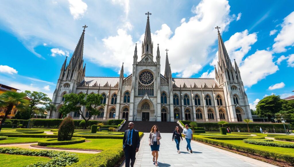 Foreground: A wide view of the Catedral Metropolitana Basílica Menor de Nossa Senhora da Glória, showcasing its stunning neo-Gothic architecture with intricate stained-glass windows and tall spires. Middle: Surrounding green gardens and well-maintained pathways, with a few visitors strolling in smart casual attire, appreciating the beauty of the cathedral. Background: A clear blue sky with soft, fluffy clouds, emphasizing the grandeur of the cathedral against the vibrant atmosphere. Technical details: Bright, natural lighting to highlight the architectural details, captured from a low angle to emphasize the height and majesty of the structure. The mood is serene and inviting, suggesting a perfect harmony between nature and architecture. Foreground: A wide view of the Catedral Metropolitana Basílica Menor de Nossa Senhora da Glória, showcasing its stunning neo-Gothic architecture with intricate stained-glass windows and tall spires. Middle: Surrounding green gardens and well-maintained pathways, with a few visitors strolling in smart casual attire, appreciating the beauty of the cathedral. Background: A clear blue sky with soft, fluffy clouds, emphasizing the grandeur of the cathedral against the vibrant atmosphere. Technical details: Bright, natural lighting to highlight the architectural details, captured from a low angle to emphasize the height and majesty of the structure. The mood is serene and inviting, suggesting a perfect harmony between nature and architecture.