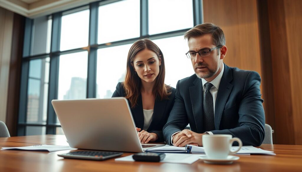 In a professional business office setting, focus on a man and woman in smart business attire, engaging in a discussion over a laptop displaying financial graphs and a calculator beside it. The foreground highlights their facial expressions, showing concentration and collaboration. In the middle ground, emphasize documents and a cup of coffee, representing a productive environment. The background reveals large windows with natural light streaming in, adding warmth to the room while showcasing a city skyline. Capture an atmosphere of determination and financial acumen, with a slightly blurred depth of field for a professional look. Using soft, diffused lighting enhances the calm yet focused mood. In a professional business office setting, focus on a man and woman in smart business attire, engaging in a discussion over a laptop displaying financial graphs and a calculator beside it. The foreground highlights their facial expressions, showing concentration and collaboration. In the middle ground, emphasize documents and a cup of coffee, representing a productive environment. The background reveals large windows with natural light streaming in, adding warmth to the room while showcasing a city skyline. Capture an atmosphere of determination and financial acumen, with a slightly blurred depth of field for a professional look. Using soft, diffused lighting enhances the calm yet focused mood.