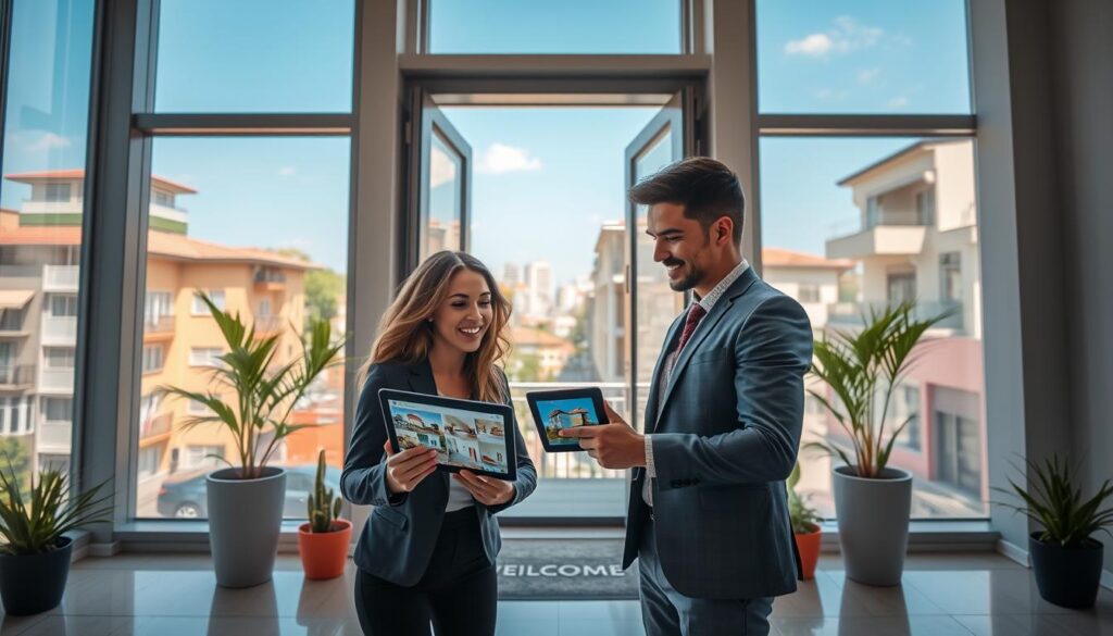 Visualize a modern apartment entrance in Maringá, filled with inviting natural light that streams in through large windows, creating a warm atmosphere. In the foreground, include a young professional couple, dressed in smart business attire, examining a digital tablet with a housing app displaying potential apartments. They are smiling and engaged, reflecting a sense of hope and excitement about purchasing their first apartment. In the middle, depict a stylish modern doorway with a welcome mat and potted plants flanking each side to enhance the welcoming feel. The background showcases a bustling neighborhood with a mix of contemporary and traditional architecture under a clear blue sky. The overall mood is optimistic and forward-looking, encapsulating the idea of making a smart financial decision with the FGTS. Use a wide-angle lens to capture the scene's vibrancy and depth. Visualize a modern apartment entrance in Maringá, filled with inviting natural light that streams in through large windows, creating a warm atmosphere. In the foreground, include a young professional couple, dressed in smart business attire, examining a digital tablet with a housing app displaying potential apartments. They are smiling and engaged, reflecting a sense of hope and excitement about purchasing their first apartment. In the middle, depict a stylish modern doorway with a welcome mat and potted plants flanking each side to enhance the welcoming feel. The background showcases a bustling neighborhood with a mix of contemporary and traditional architecture under a clear blue sky. The overall mood is optimistic and forward-looking, encapsulating the idea of making a smart financial decision with the FGTS. Use a wide-angle lens to capture the scene's vibrancy and depth.