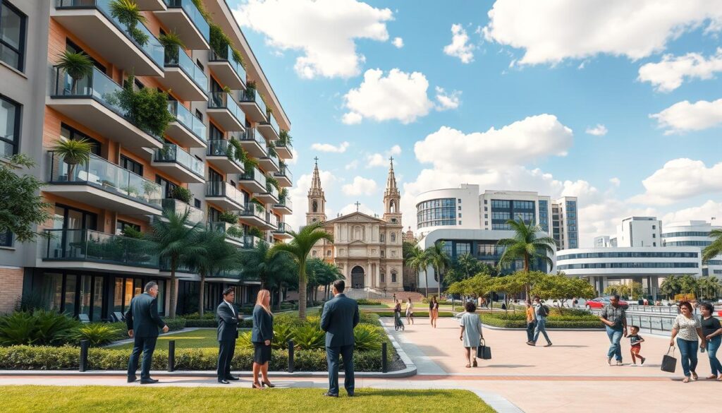 Visualize a modern urban landscape in Maringá, Brazil, focusing on a vibrant apartment complex available for sale. In the foreground, show a well-maintained building with large balconies and green landscaping, featuring people in professional attire discussing property options. The middle ground should include a sunny courtyard with families and individuals enjoying the outdoors, emphasizing community life. In the background, depict the iconic architecture of Maringá, such as the cathedral and office buildings, against a bright blue sky with soft, fluffy clouds. Use warm, inviting lighting to create a welcoming atmosphere. The angle should be slightly elevated to capture the bustling life around the apartments, providing a sense of opportunity and hope in property investment. Visualize a modern urban landscape in Maringá, Brazil, focusing on a vibrant apartment complex available for sale. In the foreground, show a well-maintained building with large balconies and green landscaping, featuring people in professional attire discussing property options. The middle ground should include a sunny courtyard with families and individuals enjoying the outdoors, emphasizing community life. In the background, depict the iconic architecture of Maringá, such as the cathedral and office buildings, against a bright blue sky with soft, fluffy clouds. Use warm, inviting lighting to create a welcoming atmosphere. The angle should be slightly elevated to capture the bustling life around the apartments, providing a sense of opportunity and hope in property investment.