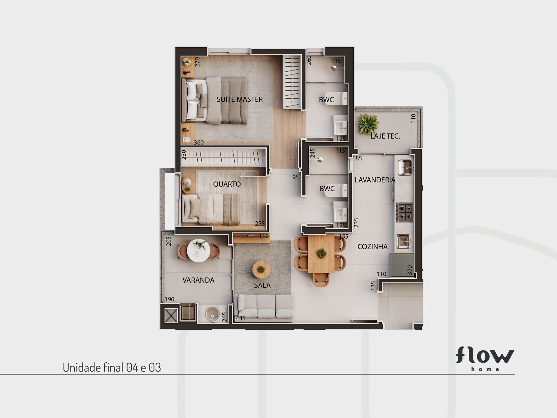 Flow Home Maringá: Apartamentos na Planta de 58 a 61 m² na Rua Tabaeté 47 Planta de apartamento com cômodos do Flow Home Maringá